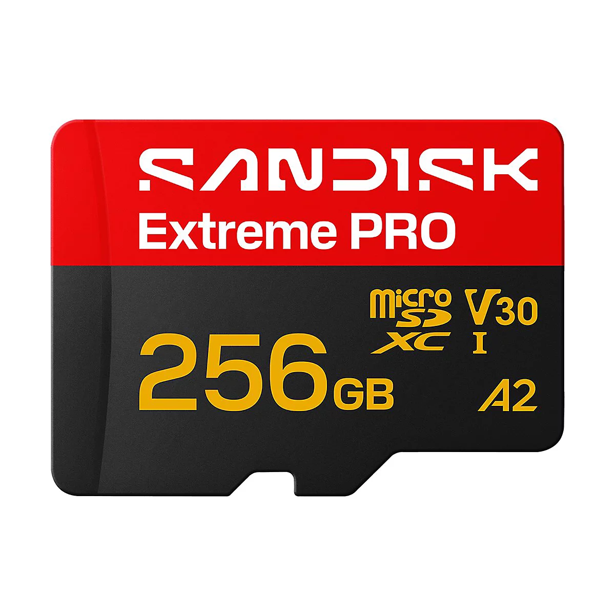 SanDisk Extreme PRO microSDXC Karte. Schwarz, rot und goldfarben, 256 GB, V30, A2.