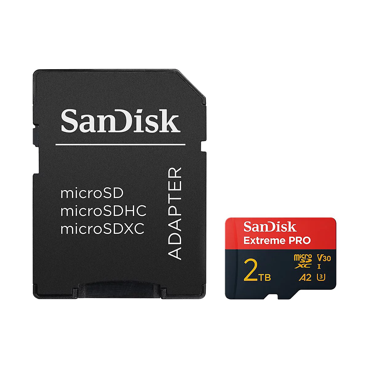 SD-Karte und Adapter von SanDisk. Der Adapter ist schwarz mit weißer Schrift, die SD-Karte ist rot und schwarz mit gelber Schrift.