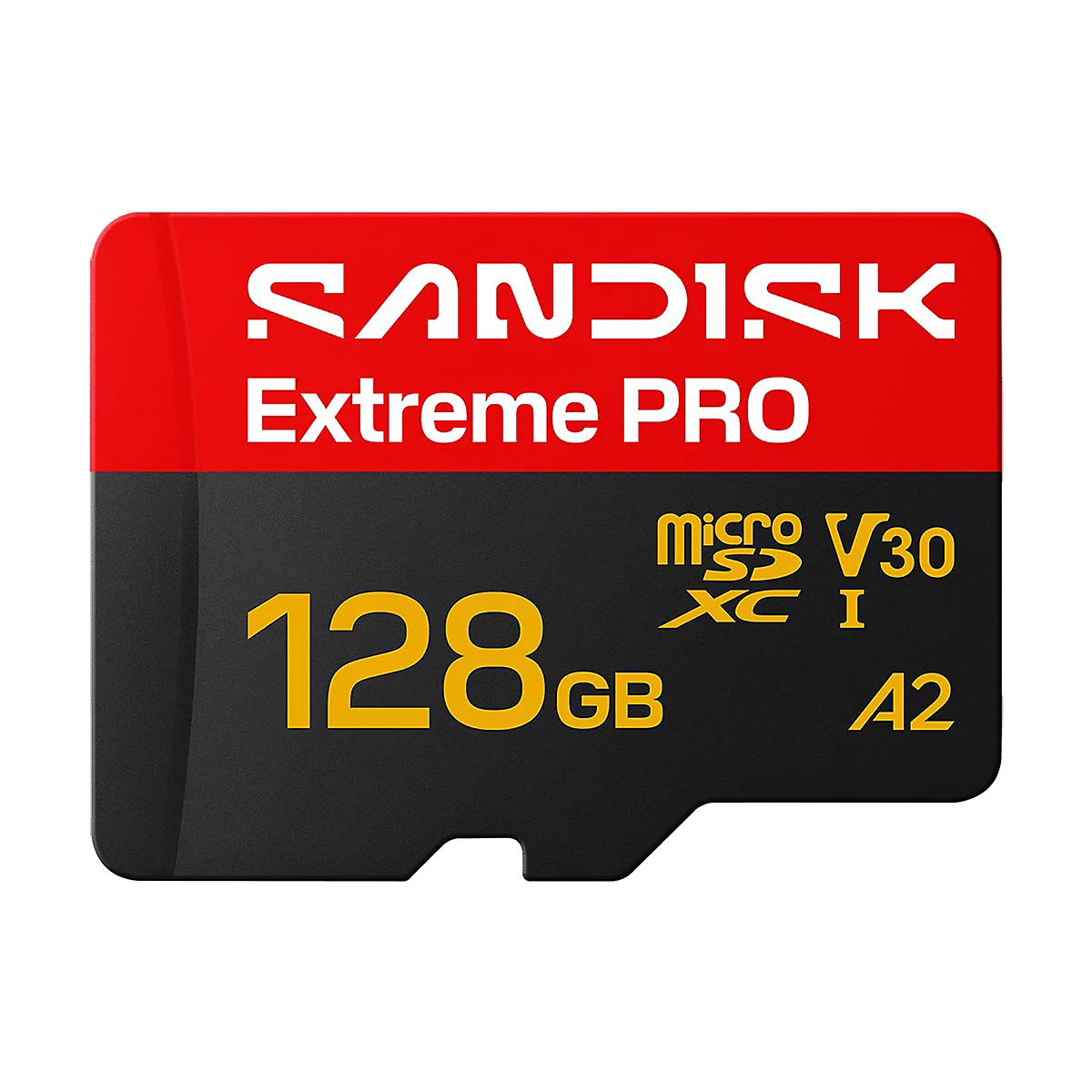 SD-Karte von Sandisk. Rot, Schwarz und Gelb. Aufschrift: Sandisk Extreme Pro, 128 GB, micro SD V30, A2.