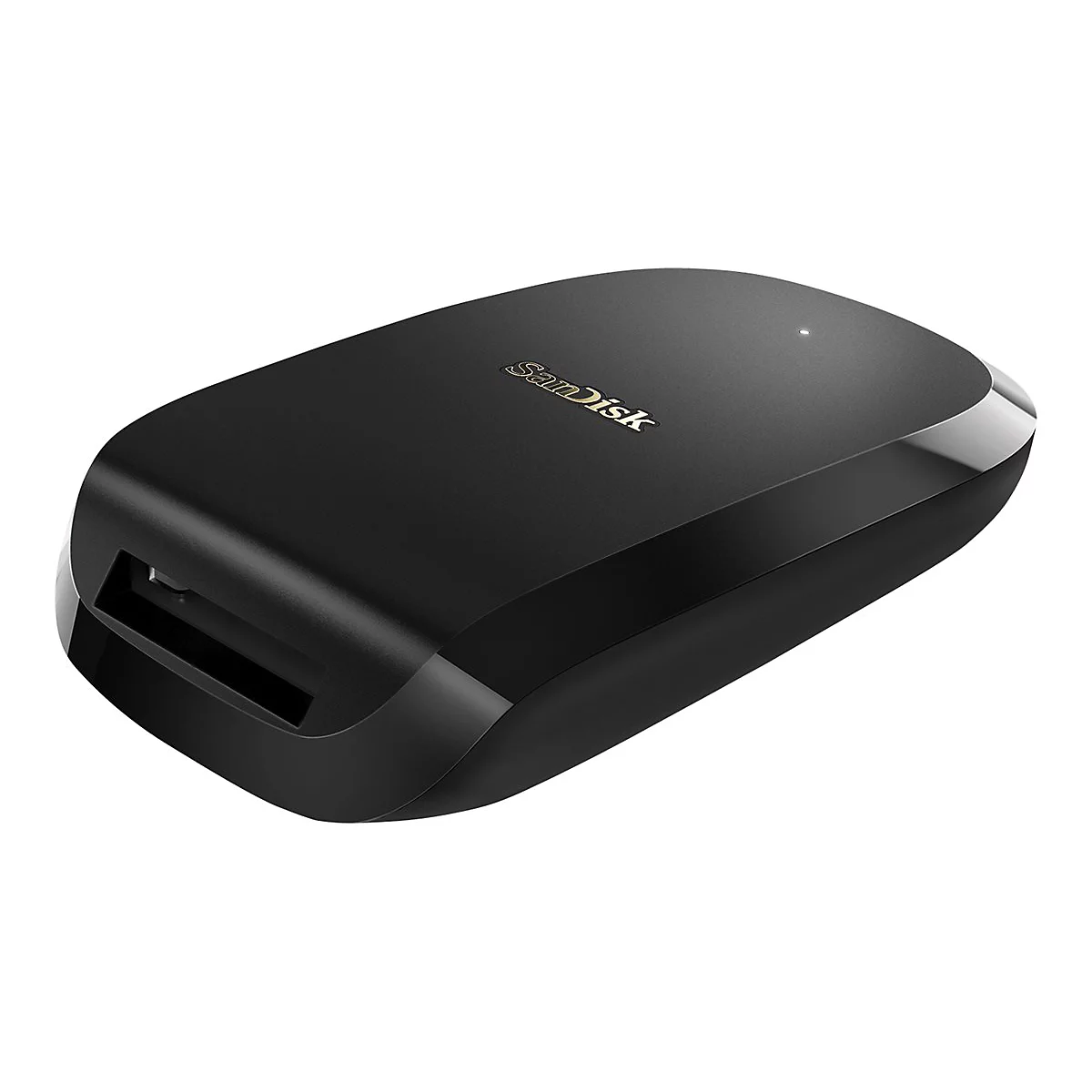 Schwarzes SanDisk-Gerät mit USB-Anschluss, glänzendem Rand, weißem Licht und SanDisk-Schriftzug.