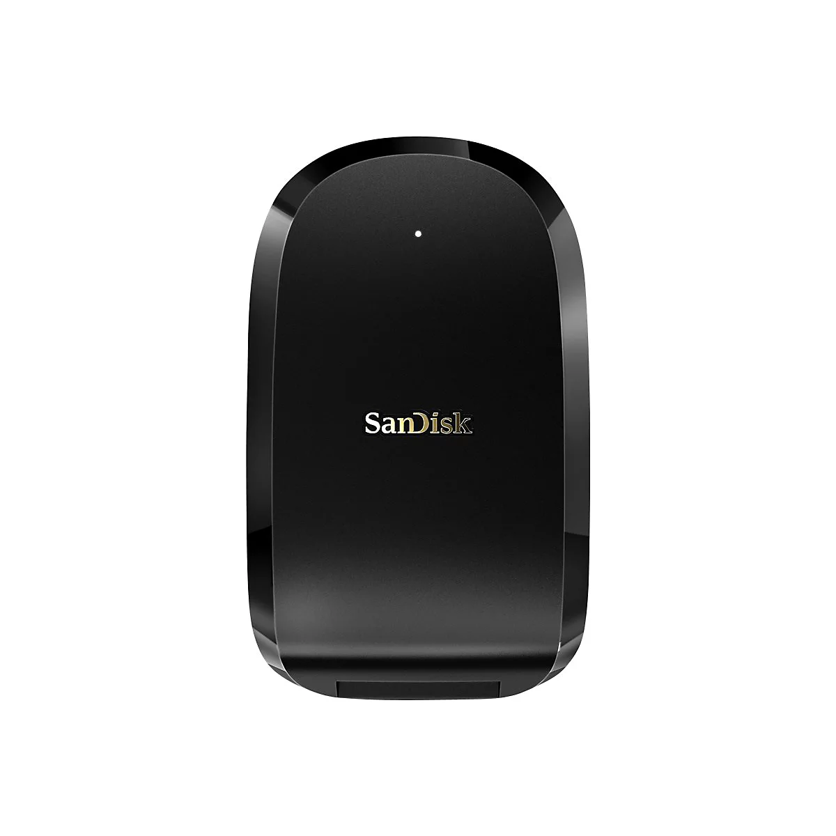 Schwarzes SanDisk-Kartenlesegerät. Oben ein kleines Licht. SanDisk-Logo in Gold.