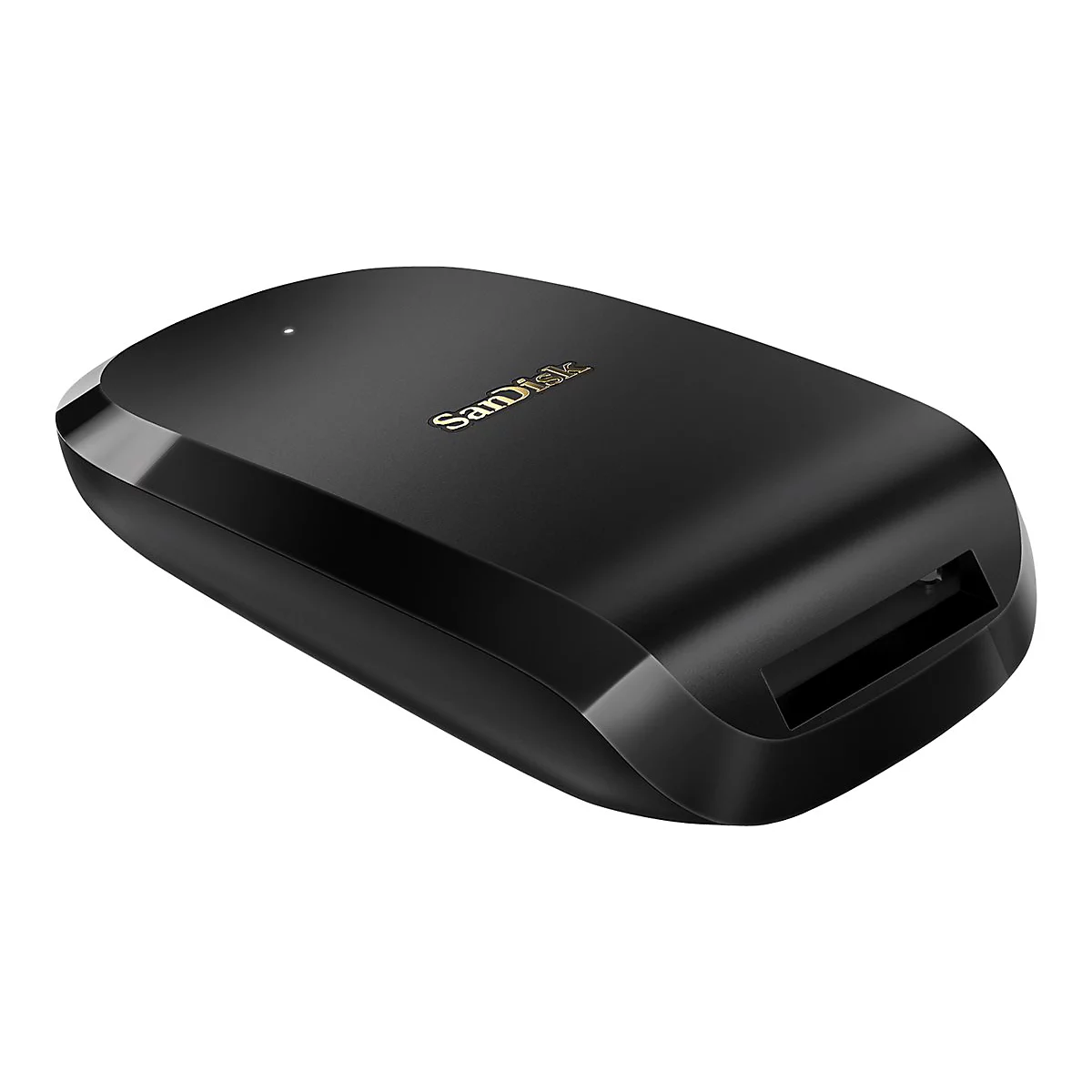 Schwarzes Sandisk Kartenlesegerät auf weißem Grund. Sandisk Logo, Kartenlese-Slot.