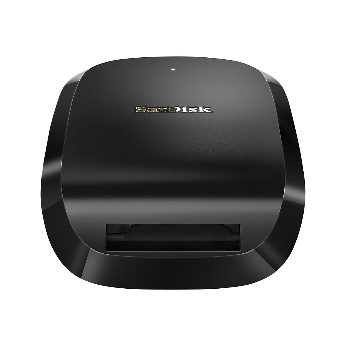 Schwarzes SanDisk-Kartenlesegerät mit Logo. Oberseite abgerundet, untere Front mit Schlitz.