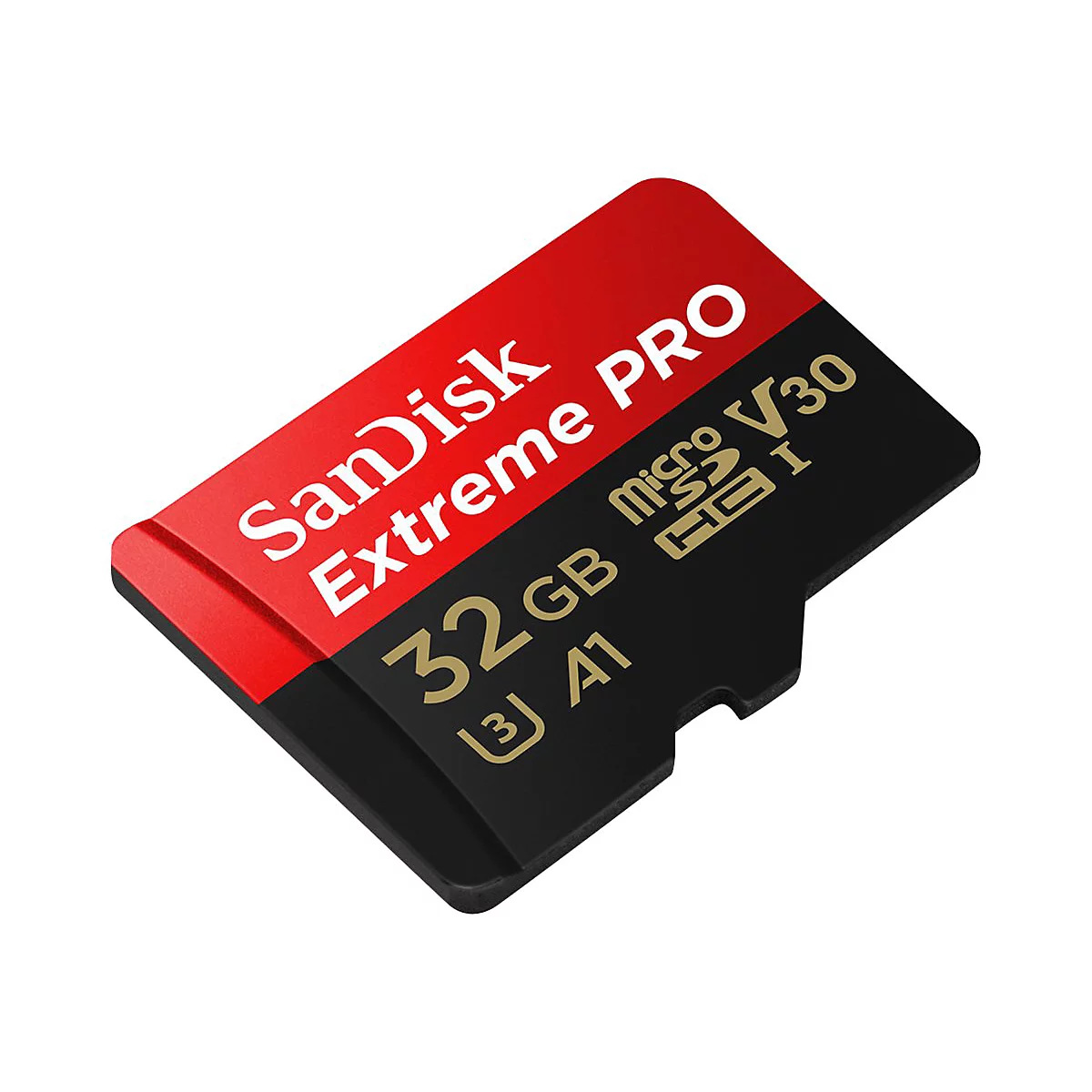 Gros plan sur une carte microSD SanDisk Extreme PRO noire et rouge avec du texte.