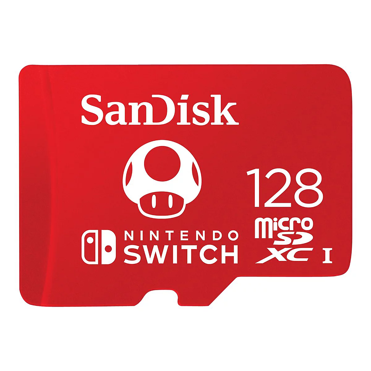 Rote SanDisk microSDXC Karte mit Mario-Pilz-Logo, Nintendo Switch Logo und Aufschrift 128 micro SDXC I.