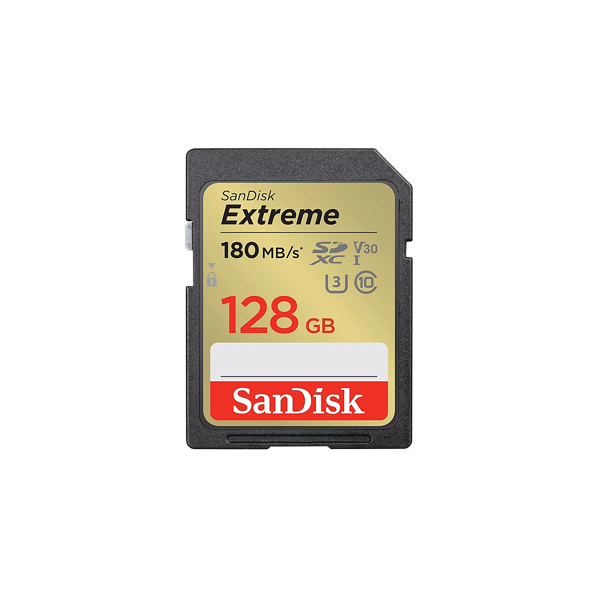Eine schwarze SanDisk Extreme SD-Karte mit goldener Mitte und roter Schrift: 128 GB.