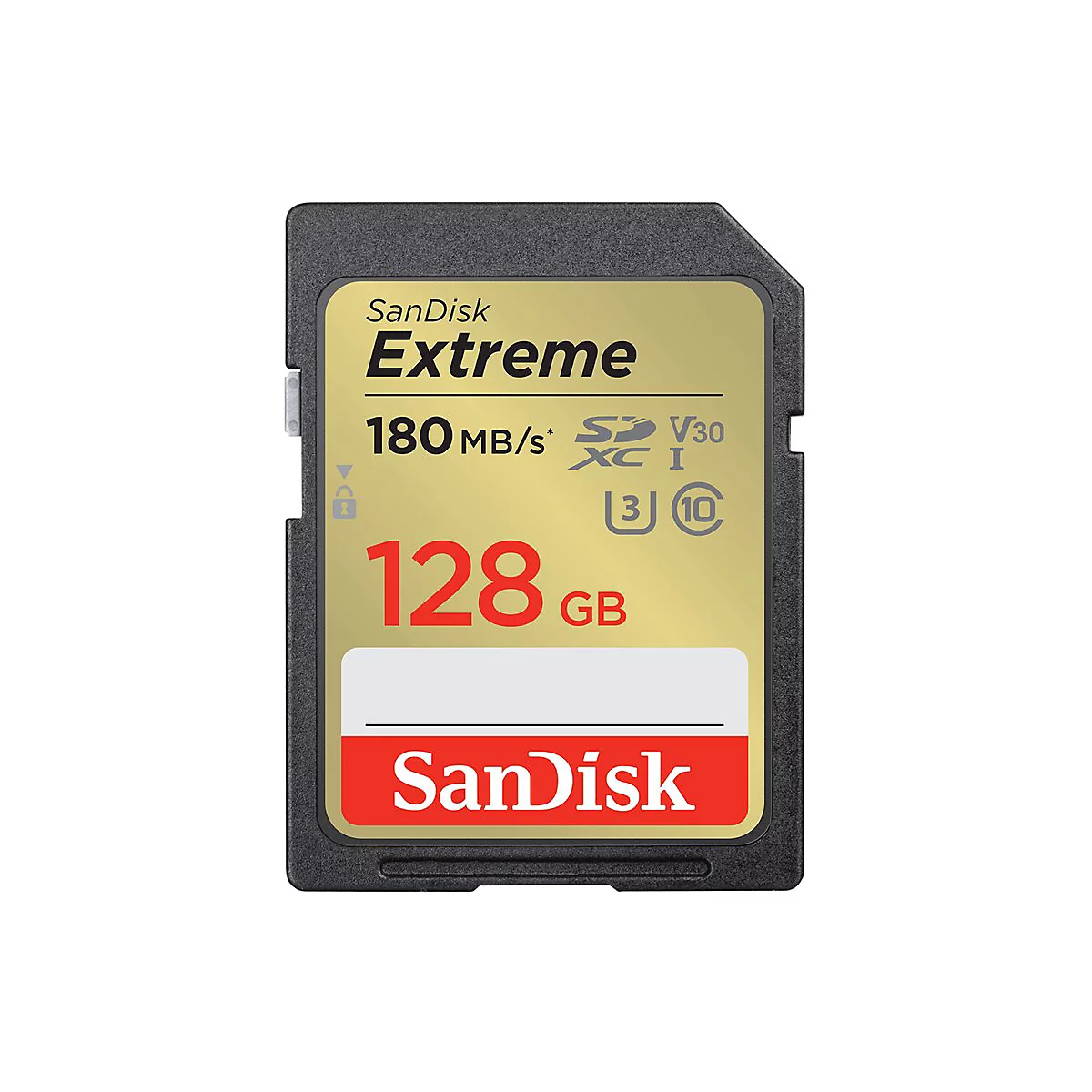 SanDisk Extreme SD-Karte. Schwarzer Rahmen, goldene Karte mit weißem Feld. Schriftzug: Extreme, 128GB, 180MB/s, SanDisk.