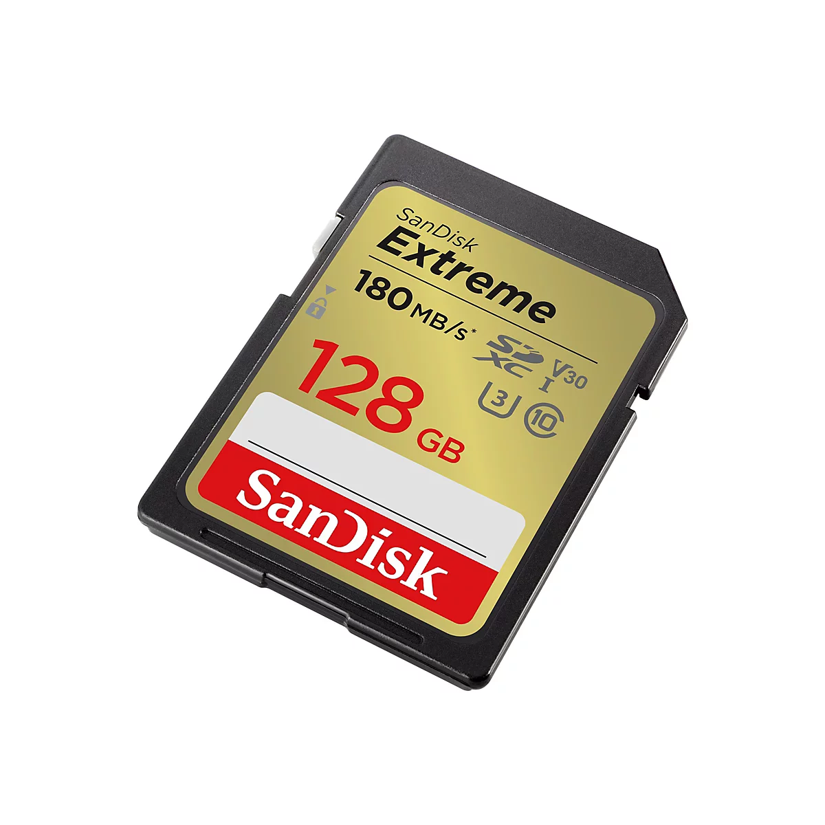 Eine schwarze SanDisk Extreme SD-Karte vor weißem Hintergrund. Auf der Karte steht "128 GB" in Rot, "Extreme" und "SanDisk" in Weiß.