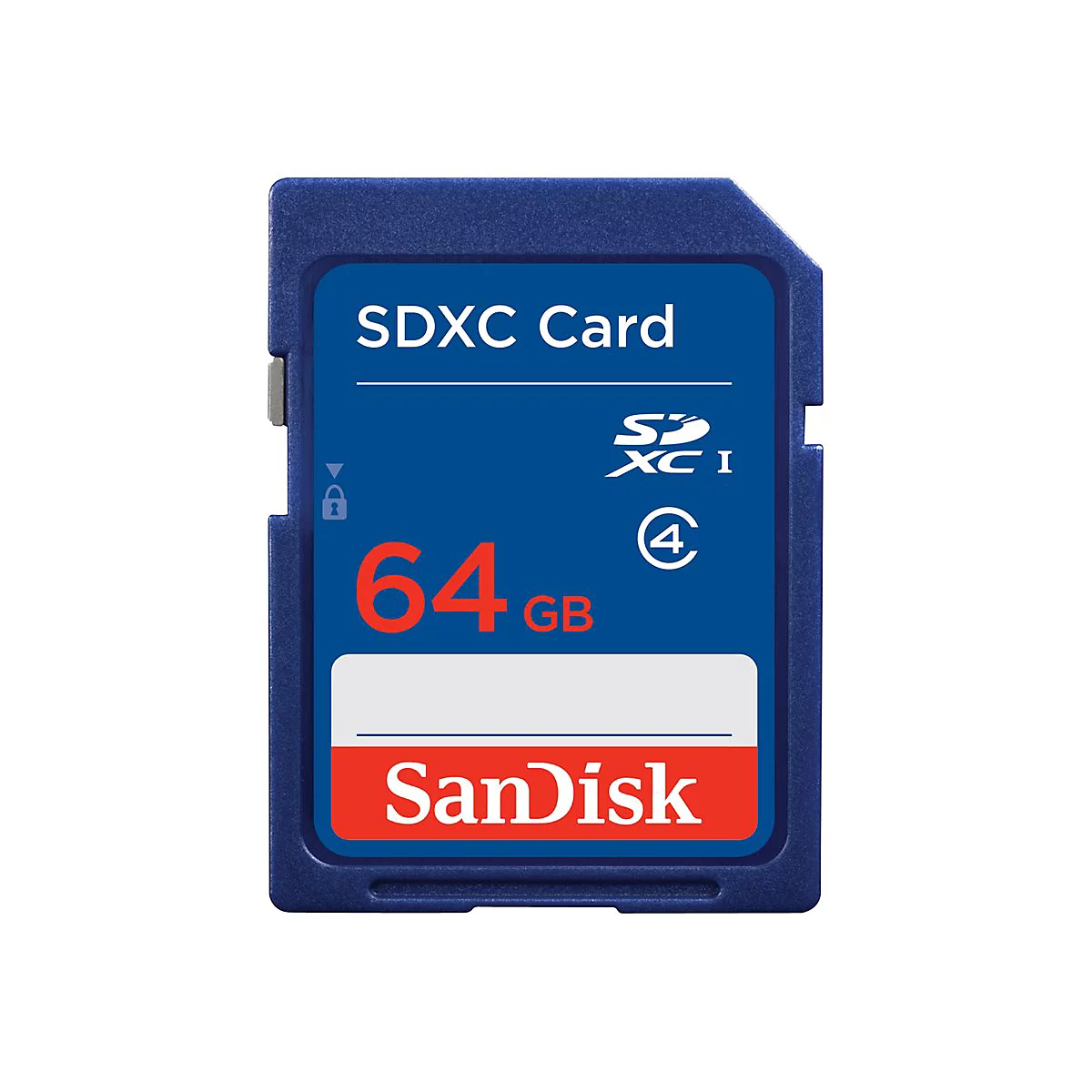 Blaue SDXC-Speicherkarte mit roter Schrift. Aufschrift: SDXC Card, 64 GB und Sandisk.