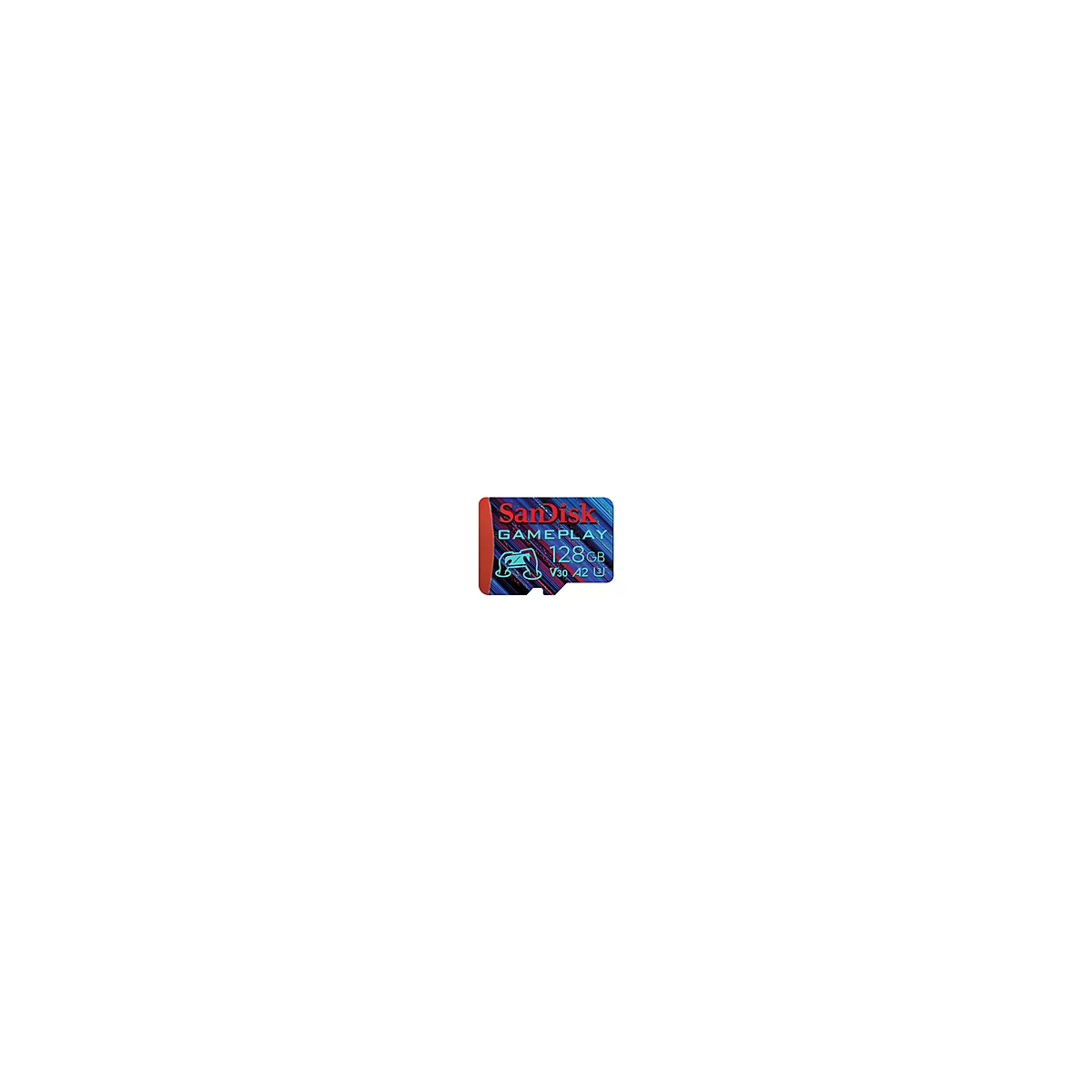 Eine SanDisk Speicherkarte, rot und blau, mit "SanDisk Gameplay 128GB" und einer Controller-Illustration.