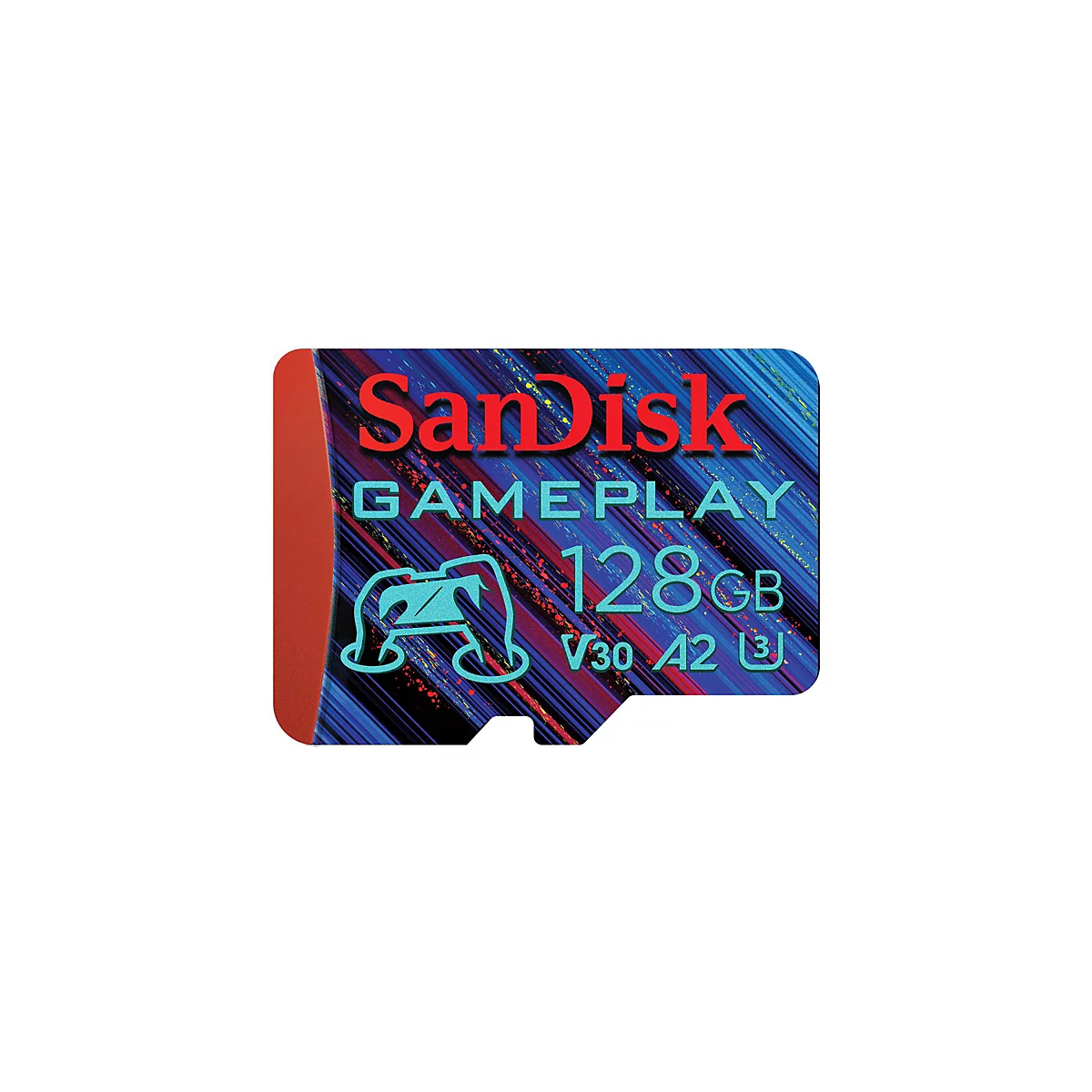 SanDisk microSD-Karte mit rotem Schriftzug, Spiel-Logo und 128 GB Aufdruck.