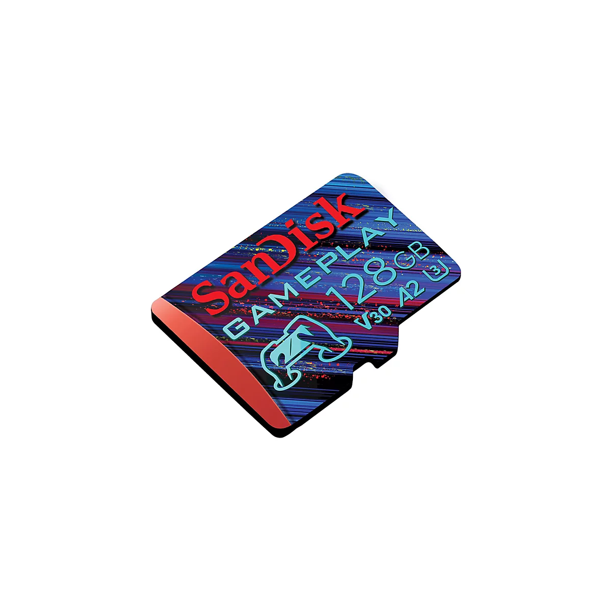 Nahaufnahme einer Sandisk-Speicherkarte mit den Aufschriften 'SanDisk', 'GAMEPLAY', '128GB', 'V30 A2'. Die Karte hat ein farbenfrohes Design mit roter und blauer Farbgebung.