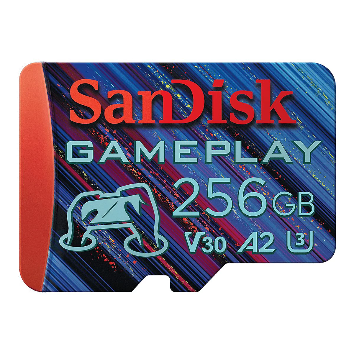 SanDisk-Speicherkarte mit 256GB, blaues Design mit roten und orangen Akzenten. Beschriftet mit "Gameplay".