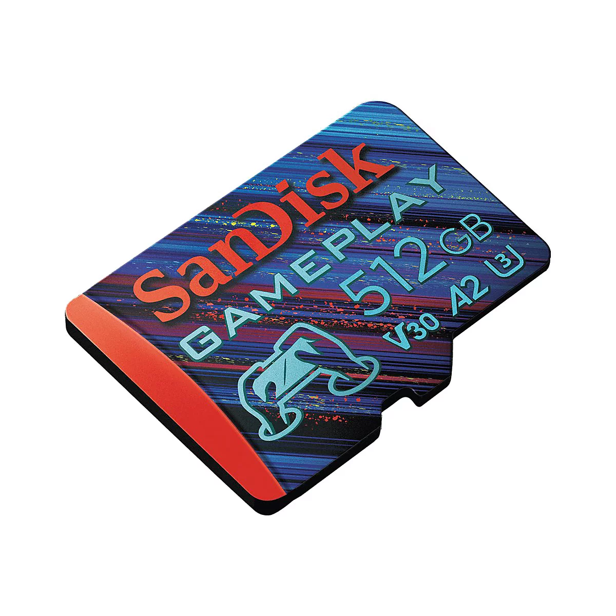SD-Karte von SanDisk, blau-rot mit Aufdruck. Text: SanDisk, GAMEPLAY, 512GB.