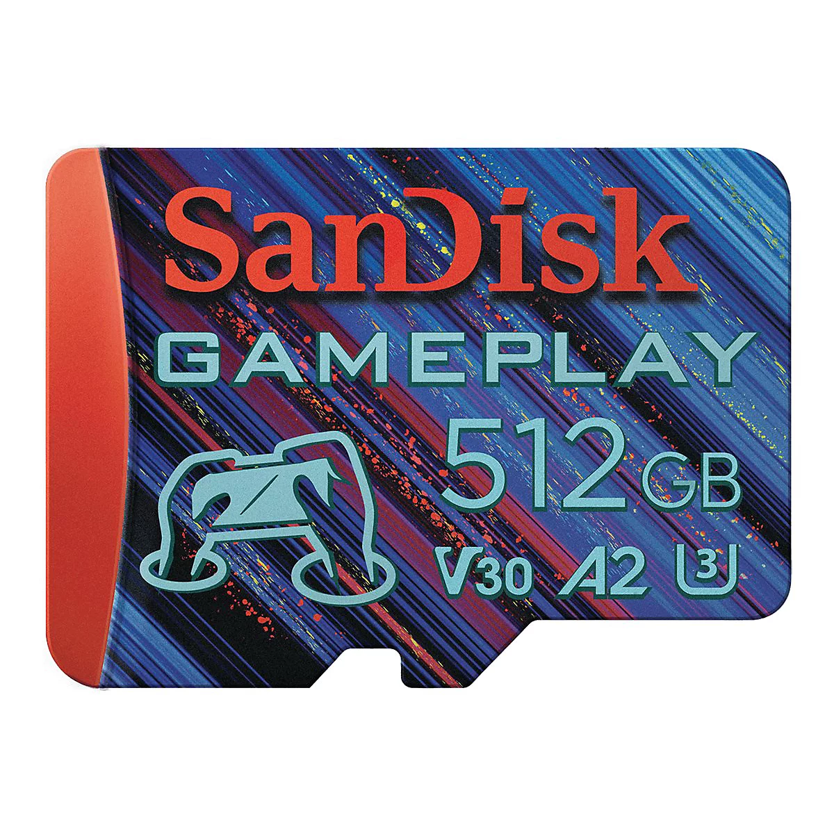 SanDisk-Speicherkarte mit rotem Rand, blauem Hintergrund und Schriftzügen wie "SanDisk GAMEPLAY 512 GB".