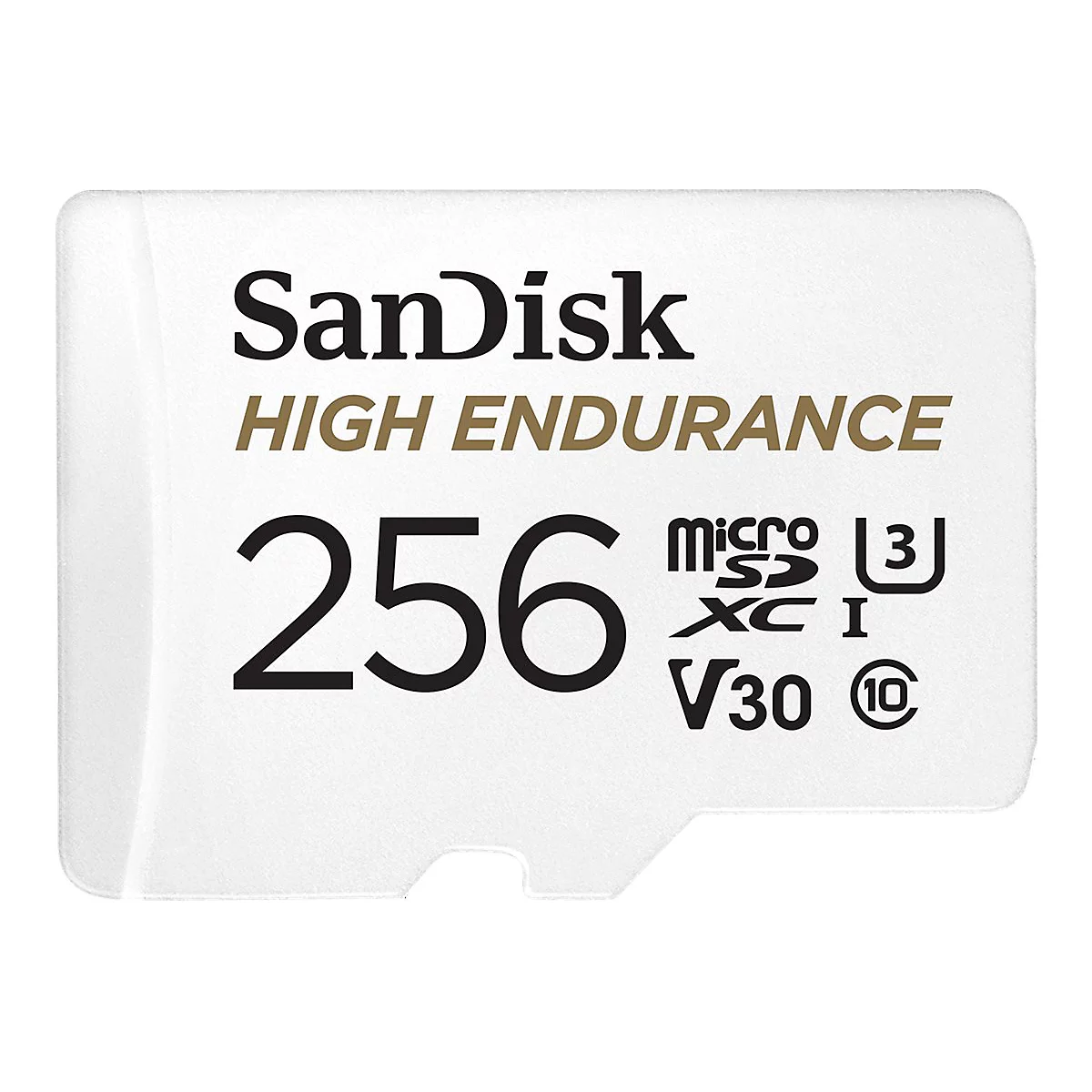 Gros plan d'une carte MicroSD SanDisk blanche. L'inscription "SanDisk HIGH ENDURANCE 256" est clairement visible, ainsi que d'autres spécifications techniques.