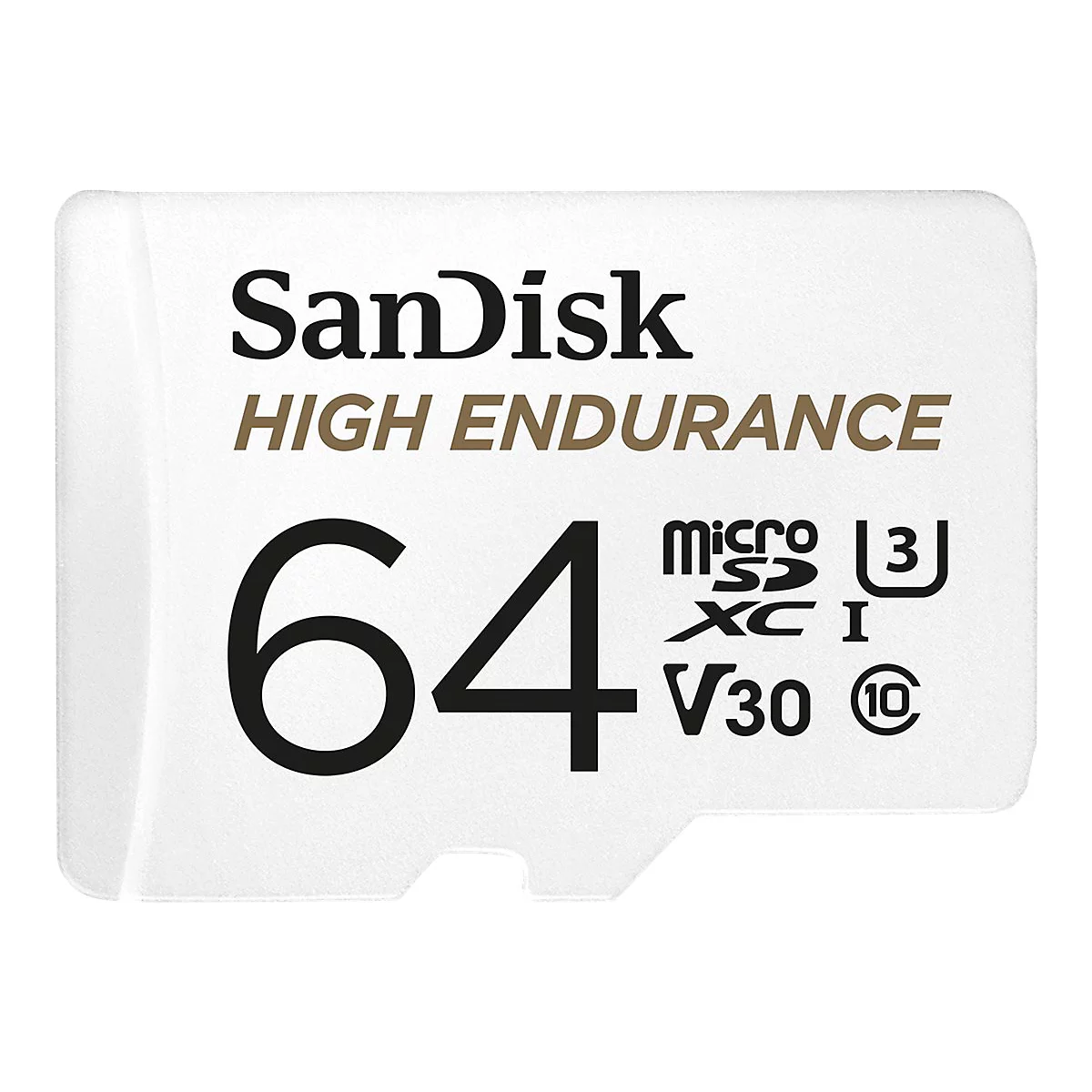 Gros plan sur une carte MicroSD SanDisk blanche avec lettrage noir, avec "64", "High Endurance".
