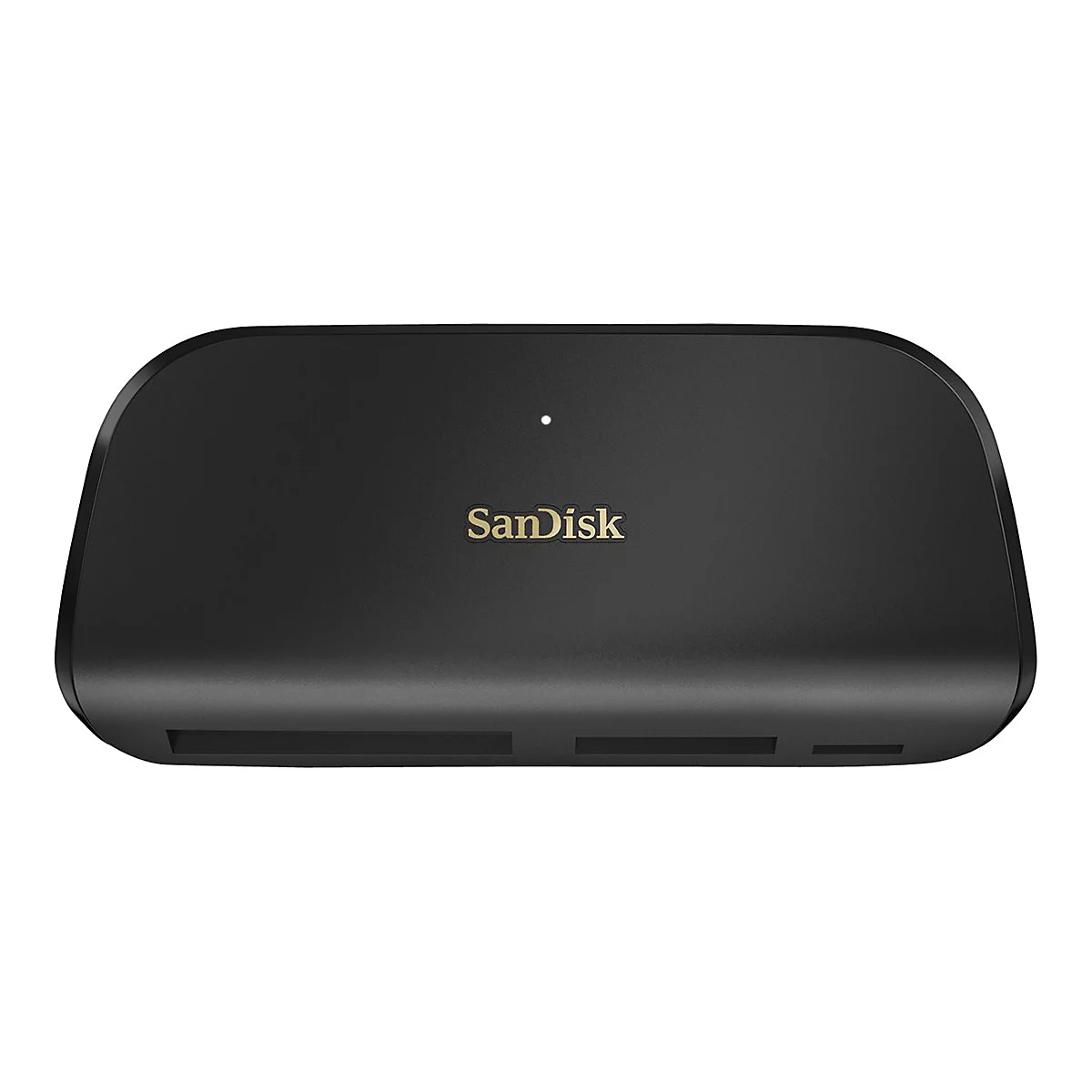 Schwarzes SanDisk-Kartenlesegerät mit goldfarbenem Schriftzug auf weißem Hintergrund.