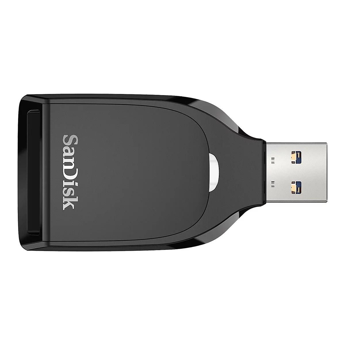 Schwarzer USB-Stick von SanDisk, auf weißem Hintergrund. Der Schriftzug SanDisk ist auf dem Stick zu sehen.