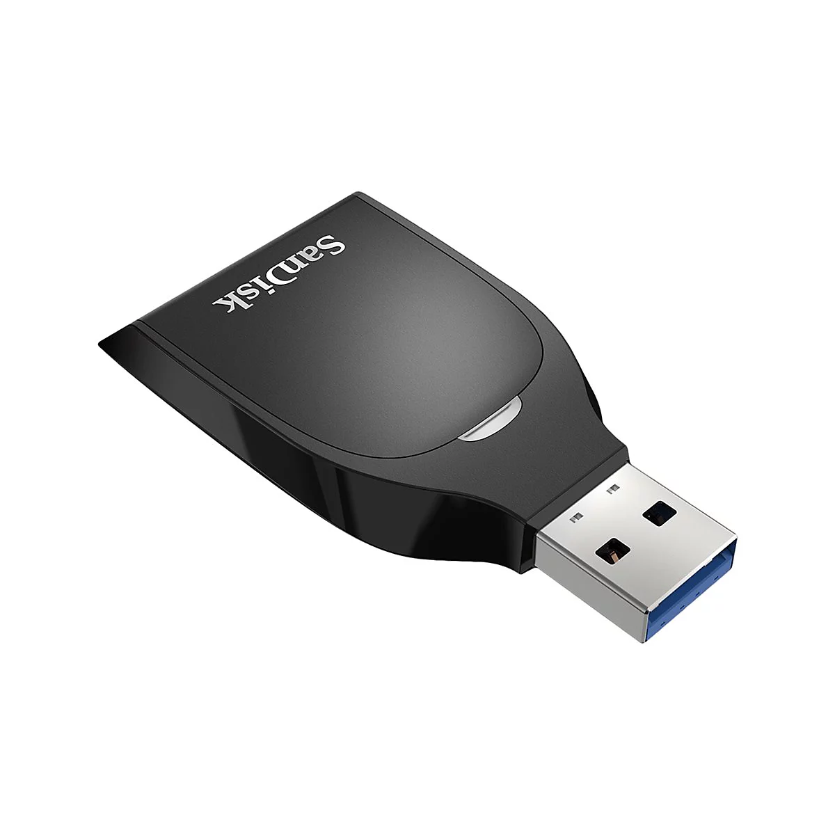 Schwarzer USB-Kartenleser mit Sandisk-Logo. Der USB-Stecker ist sichtbar.