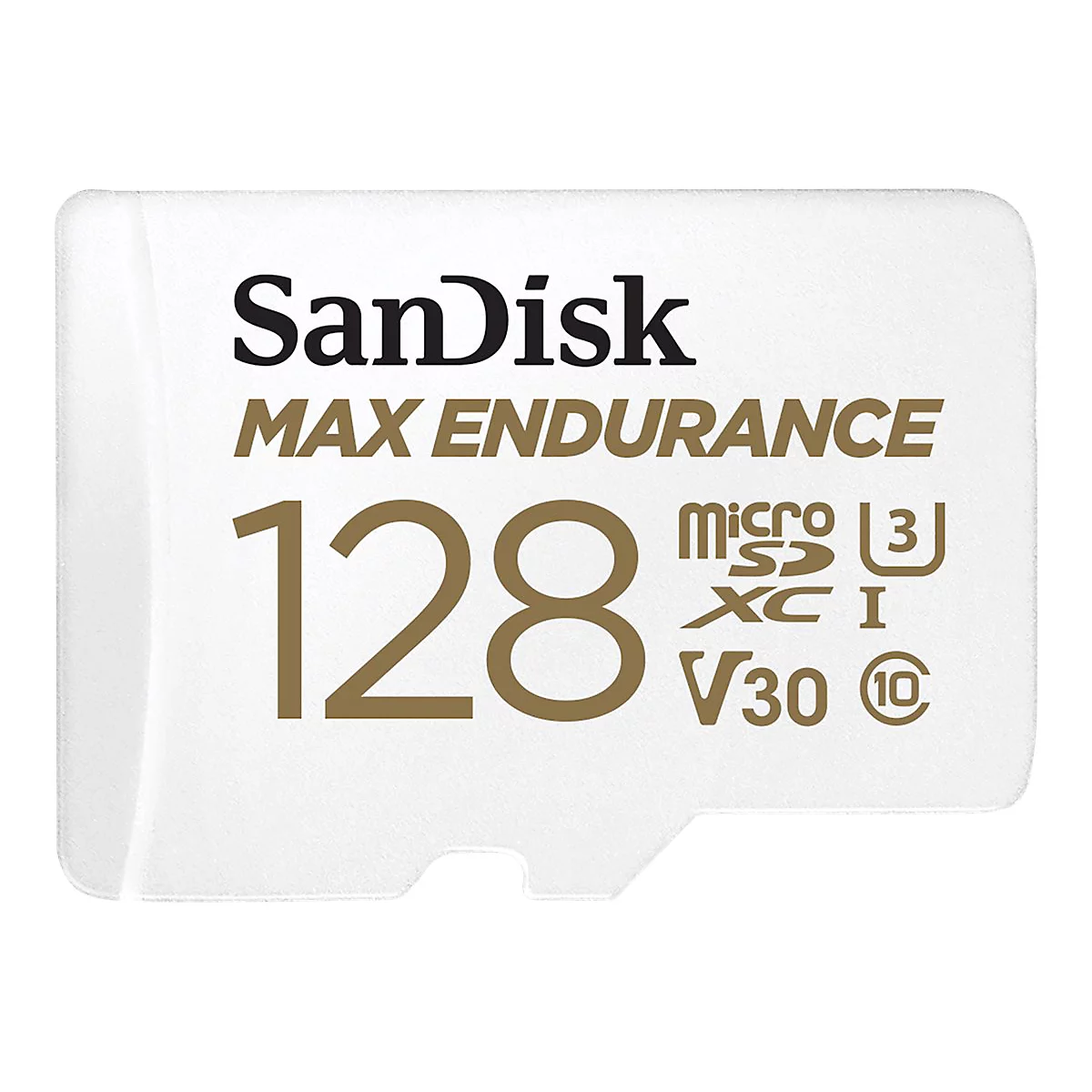Carte microSD SanDisk blanche avec texte 'MAX ENDURANCE 128 Go'.
