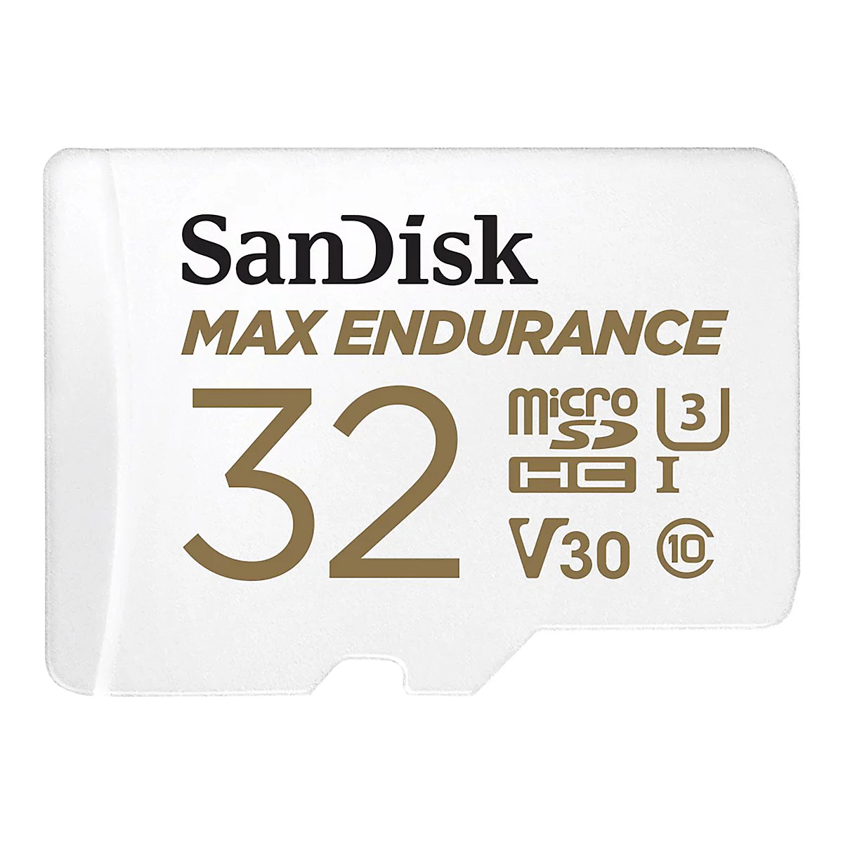 Carte microSD SanDisk blanche. Inscription : SanDisk MAX ENDURANCE, 32, Micro-SD, V30.