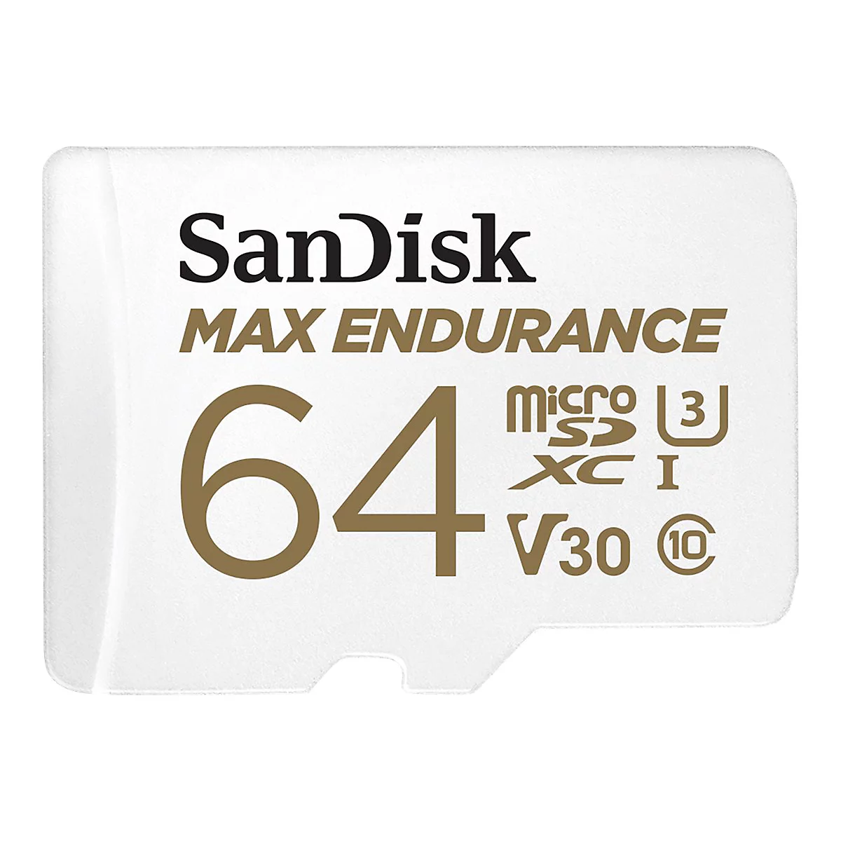Gros plan sur une carte microSD SanDisk blanche. Inscription : SanDisk, MAX ENDURANCE, 64, micro SD, U3, XC I, V30, 10.