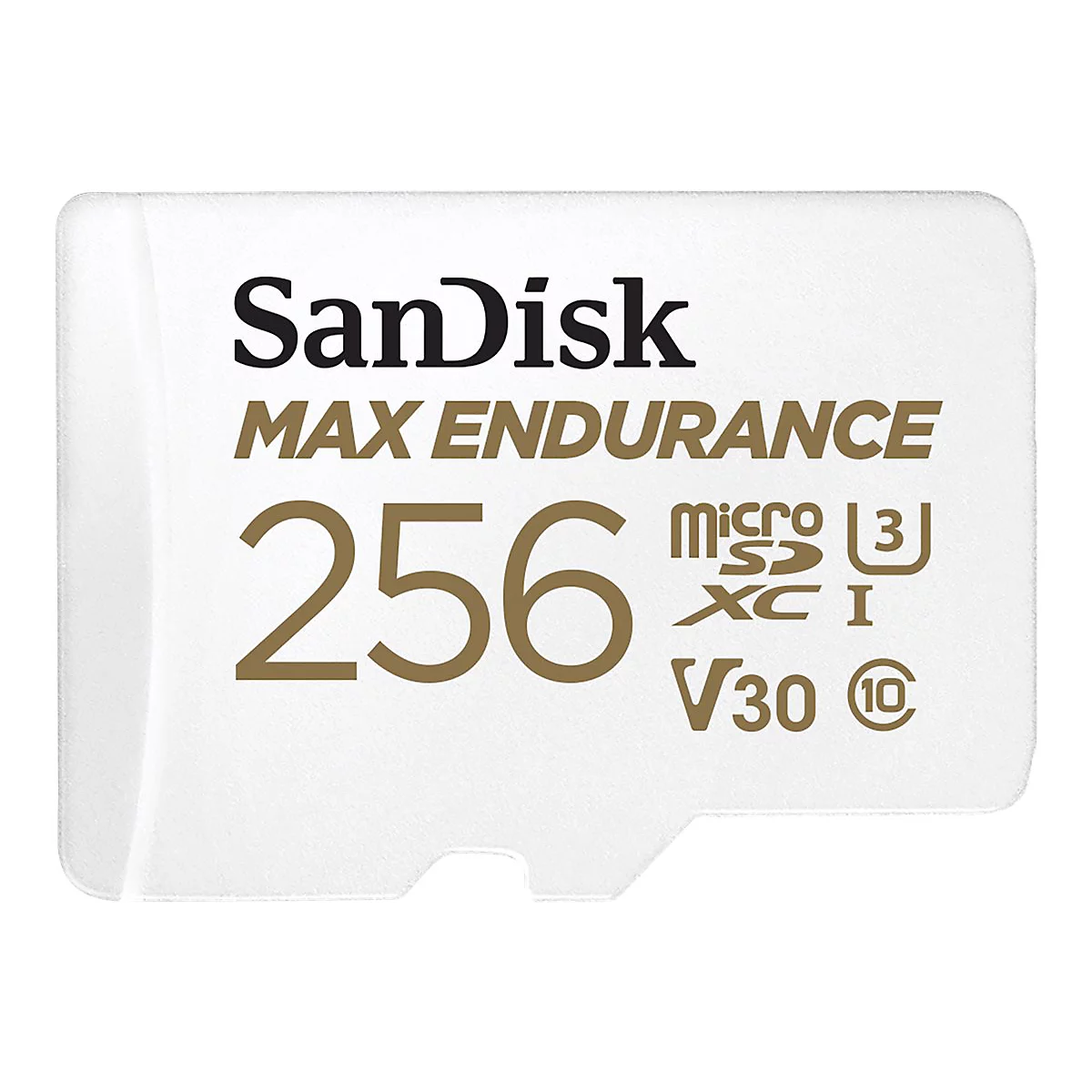 Weiße SanDisk microSD-Karte mit schwarzen und braunen Schriftzügen: SanDisk, MAX ENDURANCE, 256, micro, V30.