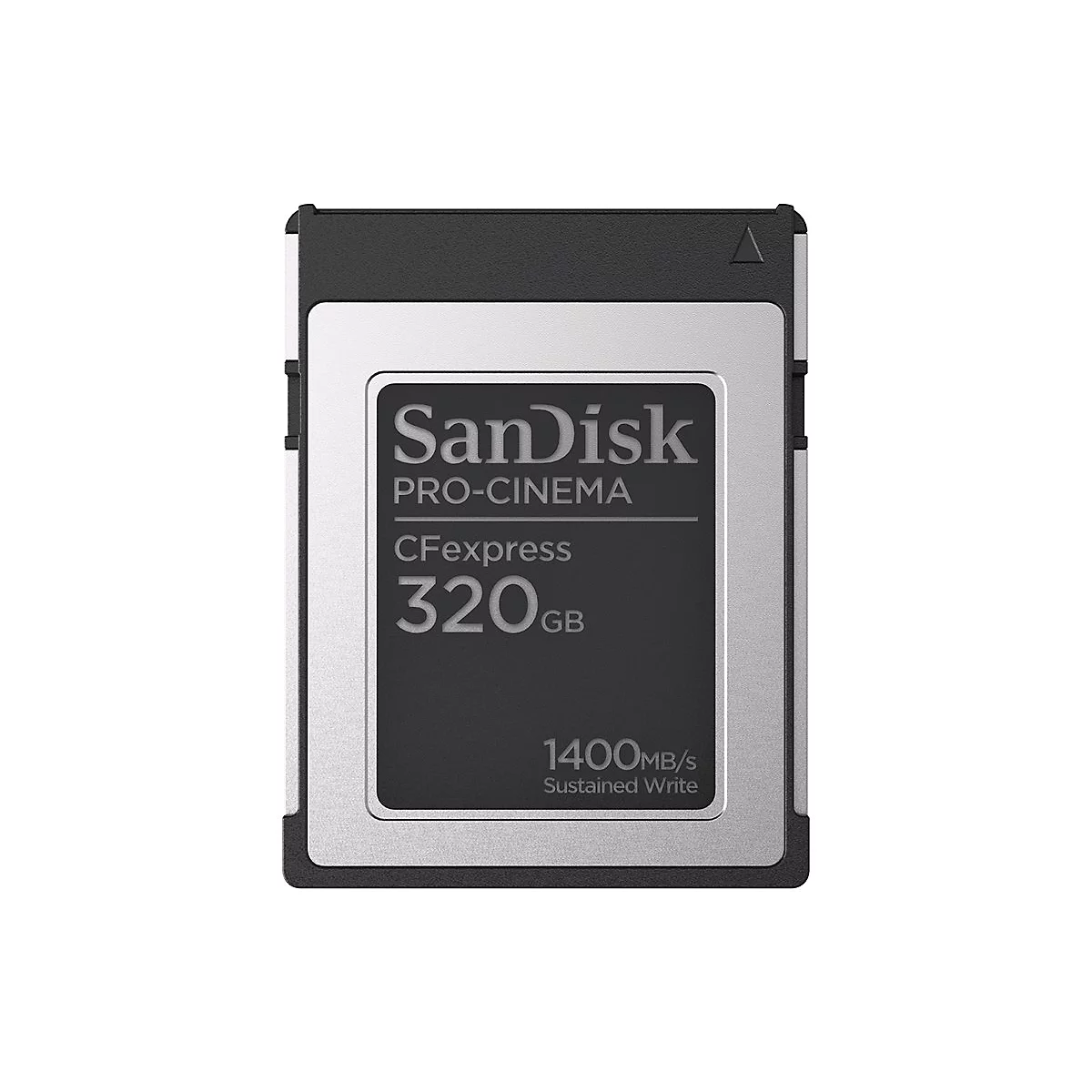 CFexpress-Speicherkarte von Sandisk. Schwarzes GehÃ¤use, silberner Rahmen, Schriftzug: Sandisk Pro-Cinema. KapazitÃ¤t: 320GB.