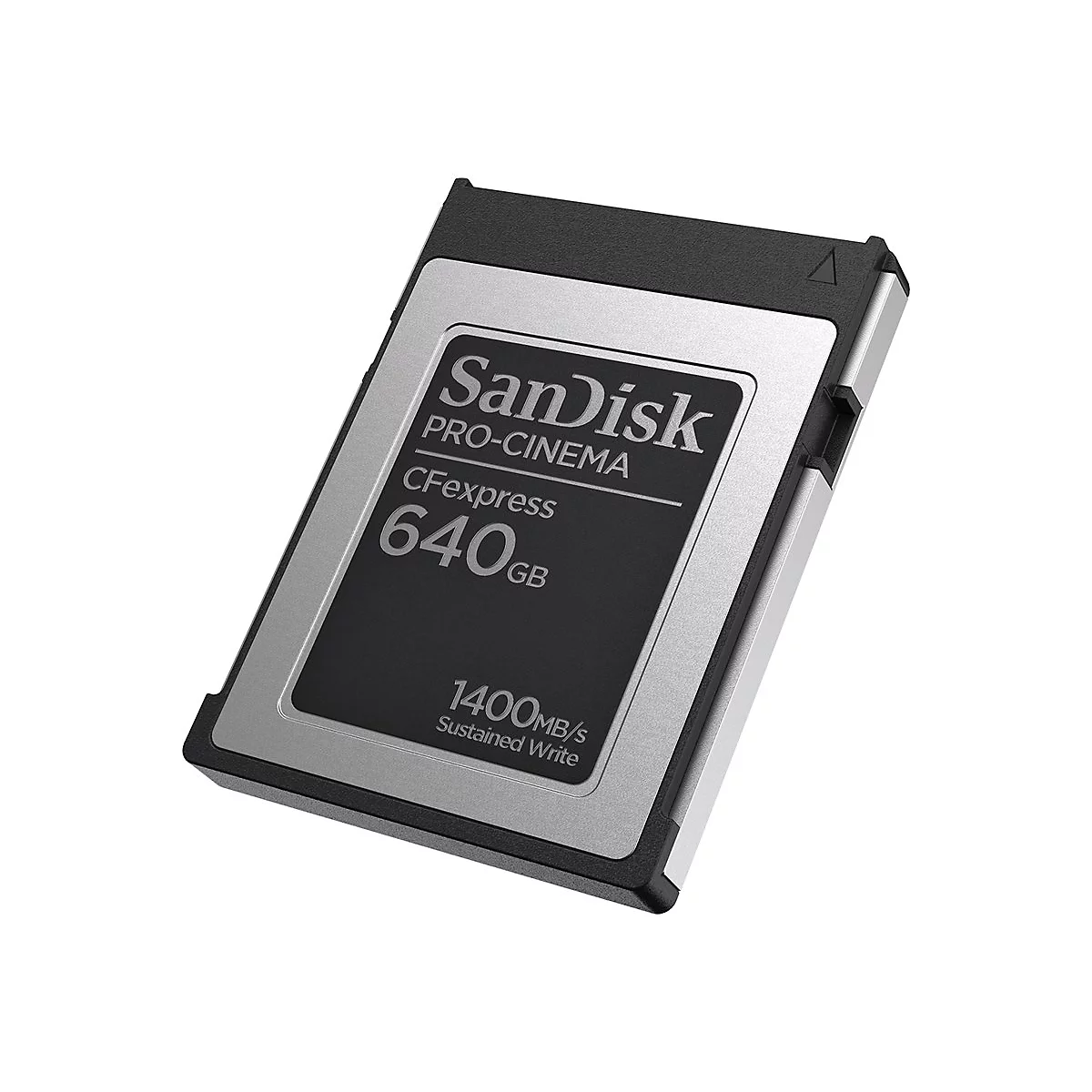Eine Speicherkarte der Marke SanDisk, CFexpress, 640GB, mit silbernen und schwarzen Elementen.