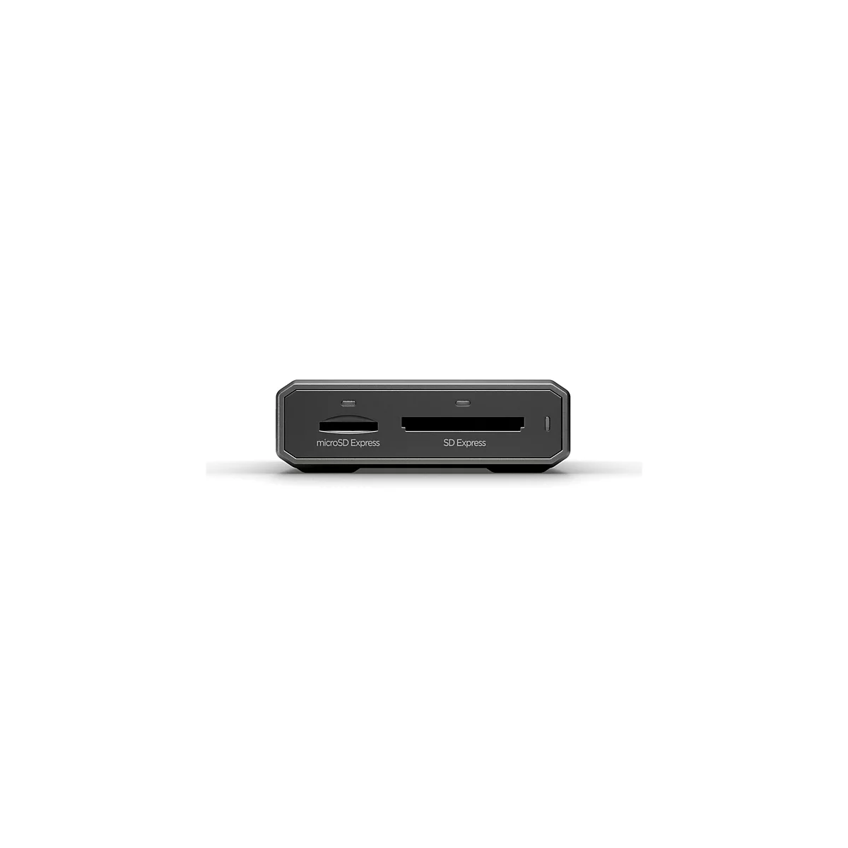 Ein grauer Kartenleser vor weißem Hintergrund. Beschriftet mit microSD Express und SD Express.