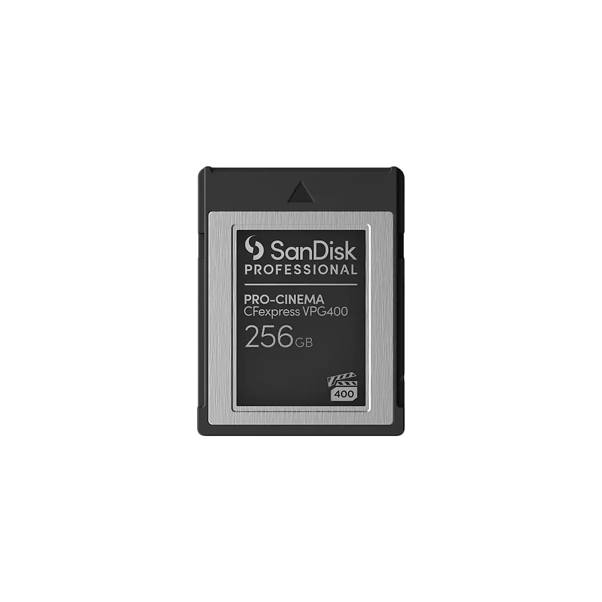 Schwarze CFexpress-Speicherkarte von SanDisk Professional mit 256GB Kapazität.