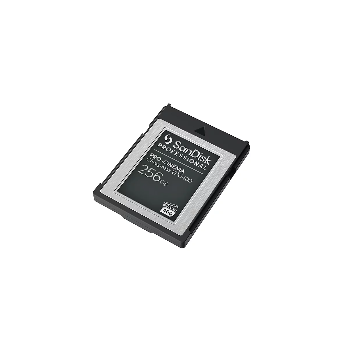 SanDisk Pro-Cinema CFexpress Speicherkarte. 256 GB. Schwarzes Gehäuse mit silberner Platte und Aufschrift.
