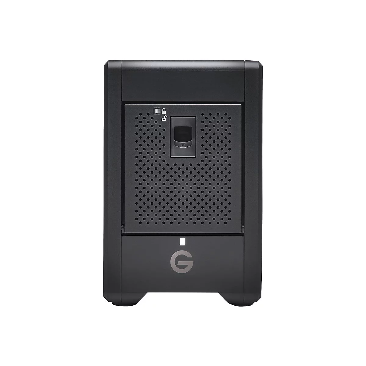 Schwarzes externes Festplattengehäuse mit perforierter Front und G-Logo. Oben Leuchte und Schloss-Symbol.