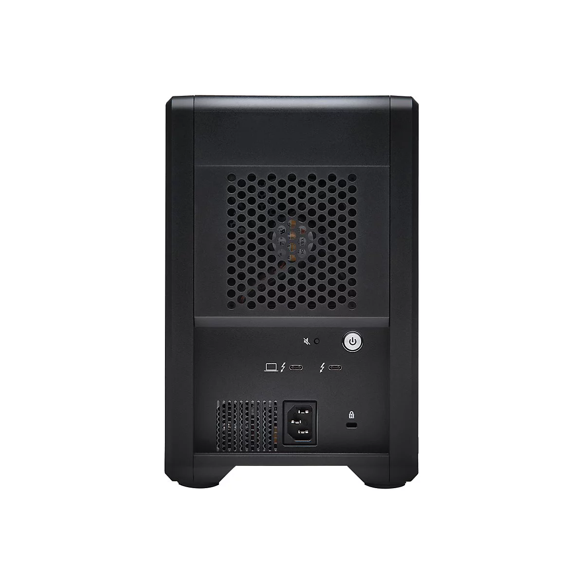 Schwarzer ComputerTower, Rückseite, Lüftungsgitter, Anschlüsse für Strom und Daten.