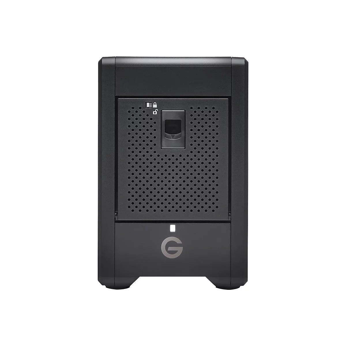 Schwarzes externes Festplattengehäuse mit perforierter Front und dem Logo 'G'.