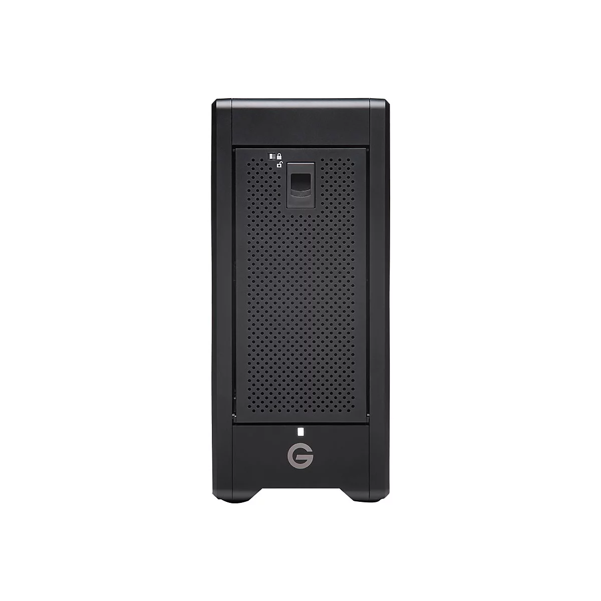 Schwarzes externes Speichergerät mit Lochmuster. Oben ein Schloss-Symbol und ein Griff. Unten ein 'G'-Logo.