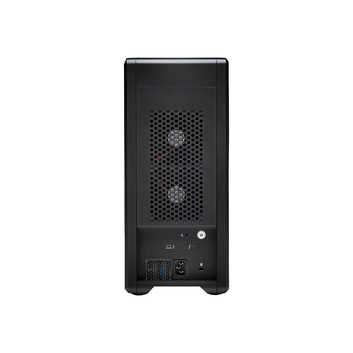 Schwarzer Tower-PC, Rückansicht. Gittermuster, Lüfter, Anschlüsse. Oben: Power-Button. Unten: Stromanschluss und Sicherheit.