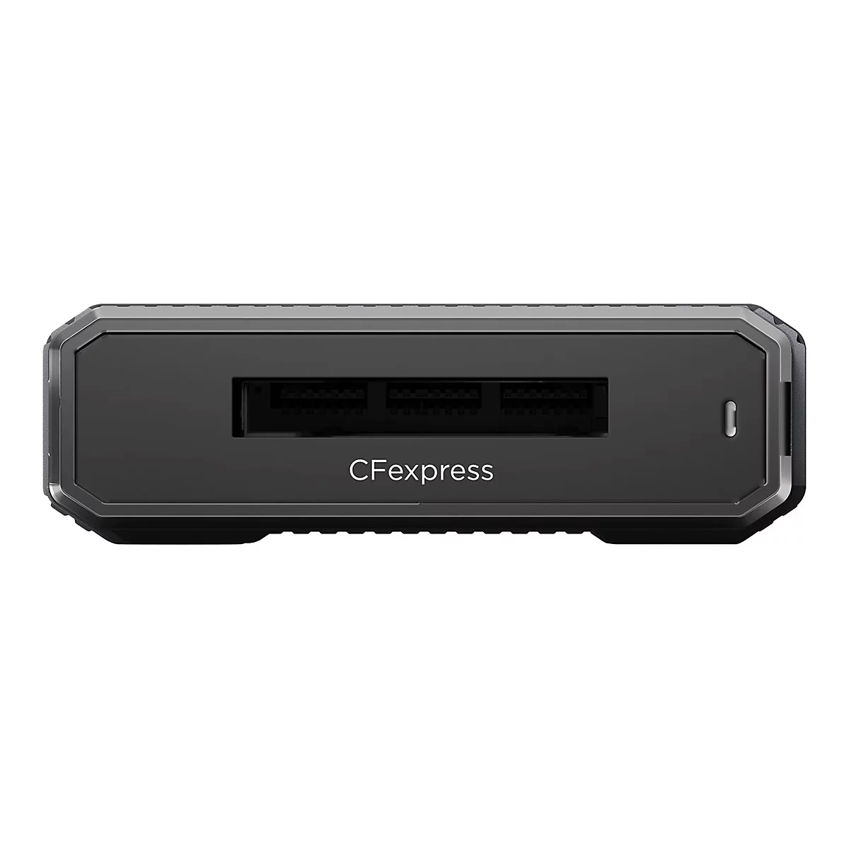 Schwarzer CFexpress-Kartenleser. Das Gerät hat ein graues Gehäuse und die Beschriftung CFexpress.