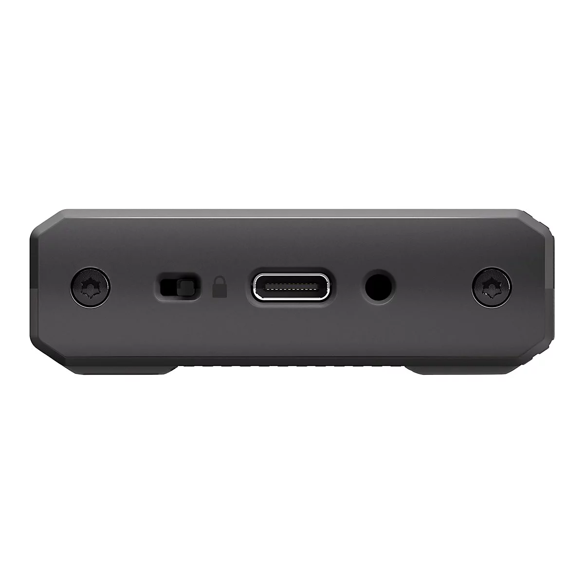 Nahaufnahme der schwarzen Oberseite eines elektronischen Geräts mit Anschlüssen und Schrauben.