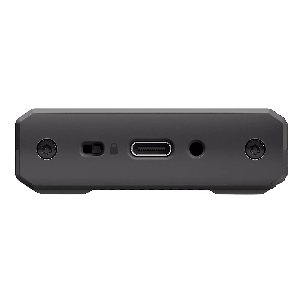 Detailaufnahme einer grauen Geräteoberseite mit verschiedenen Anschlüssen und einem Schalter.