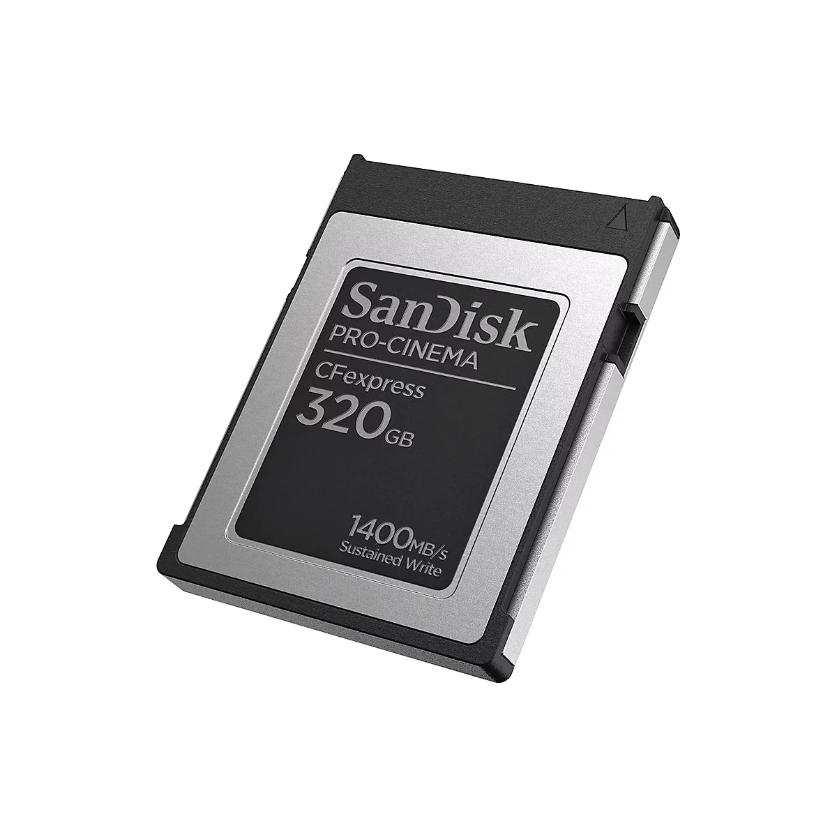 CFexpress-Karte von SanDisk. Schwarz-silbernes Design mit Aufschrift '320 GB' und '1400 MB/s'.