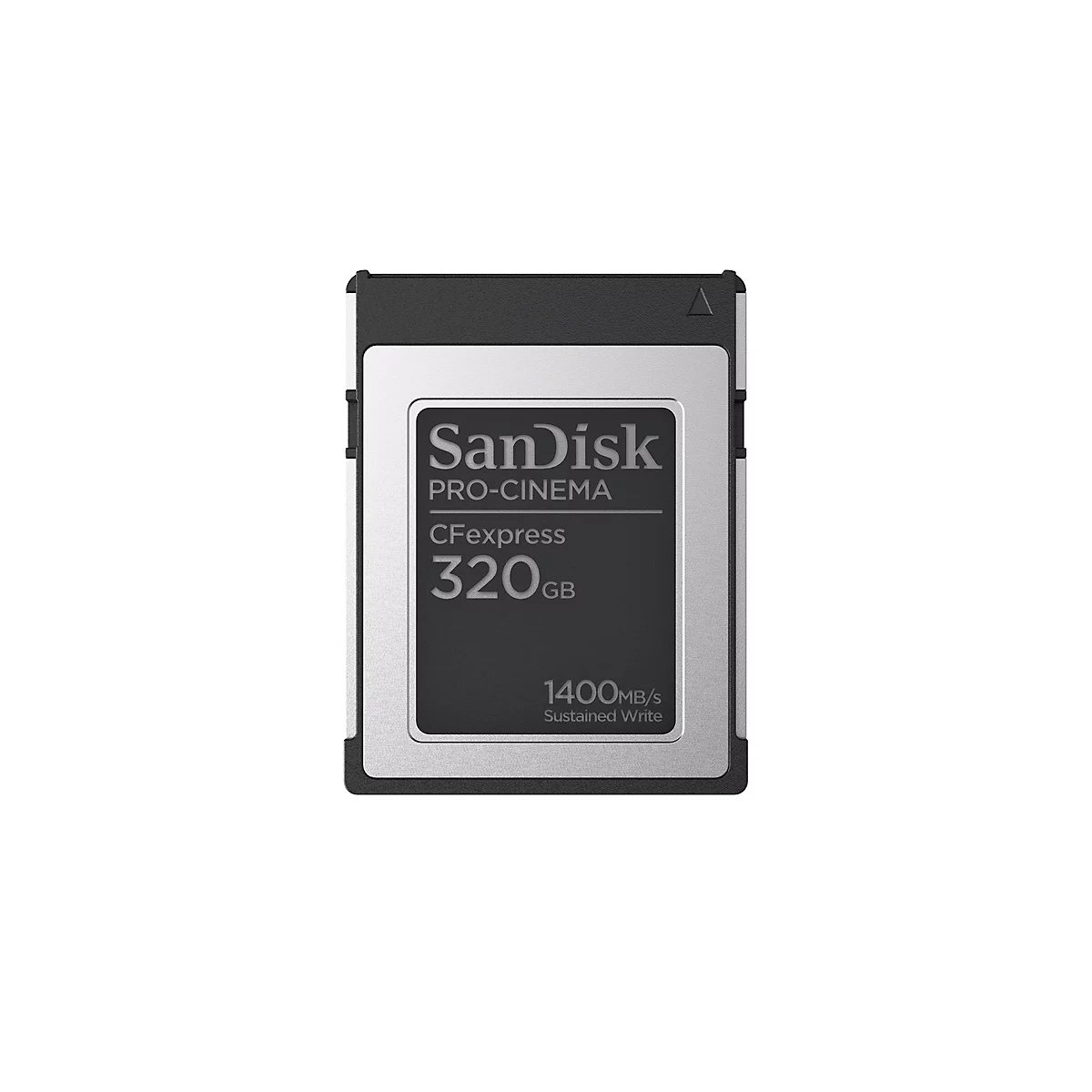 CFexpress Speicherkarte von Sandisk, 320 GB, schwarz und silber. Aufschrift: Pro-Cinema, CFexpress, 1400 MB/s sustained write.