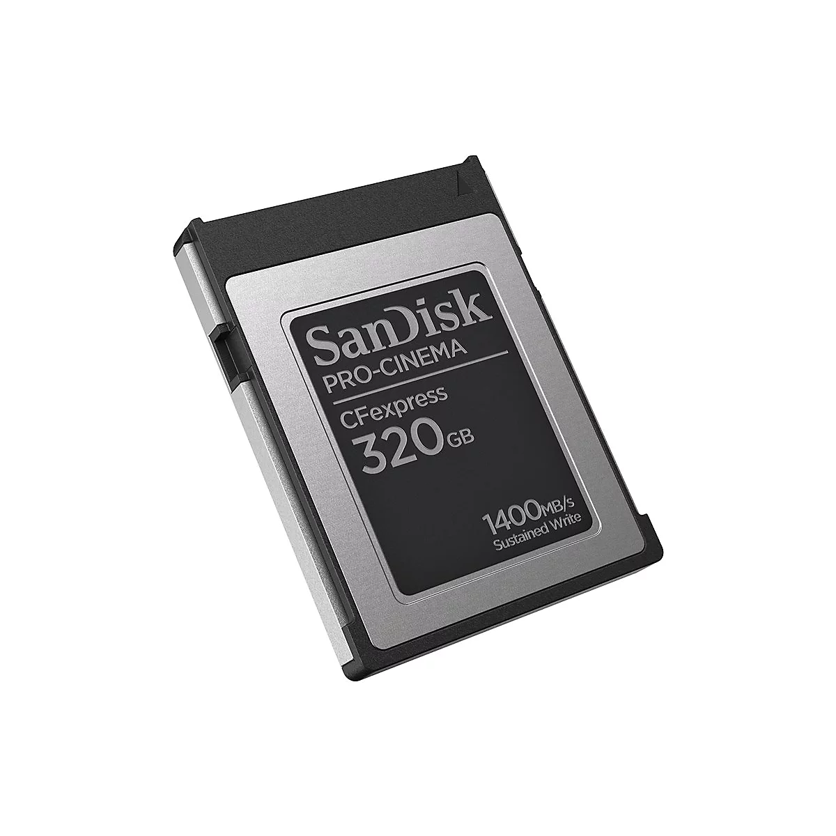 Nahaufnahme einer Sandisk CFexpress-Speicherkarte. Schwarz, Silber. Aufschrift: Sandisk, 320 GB, 1400 MB/s.