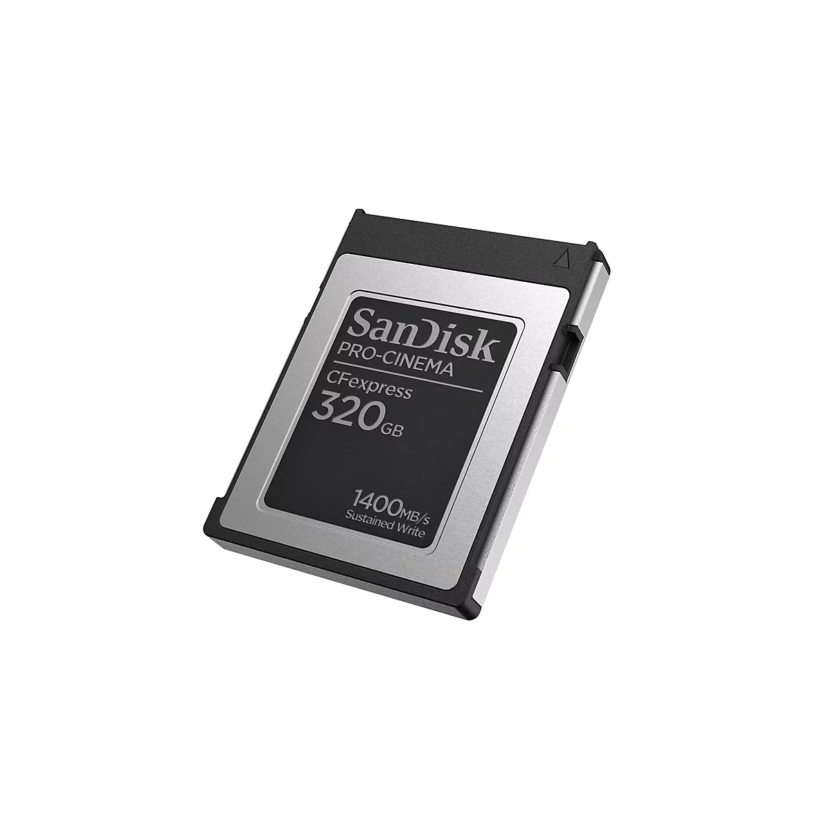 CFexpress-Karte von SanDisk Pro-Cinema, silber-schwarz. Mit Text: 320GB, 1400MB/s, Sustained Write.
