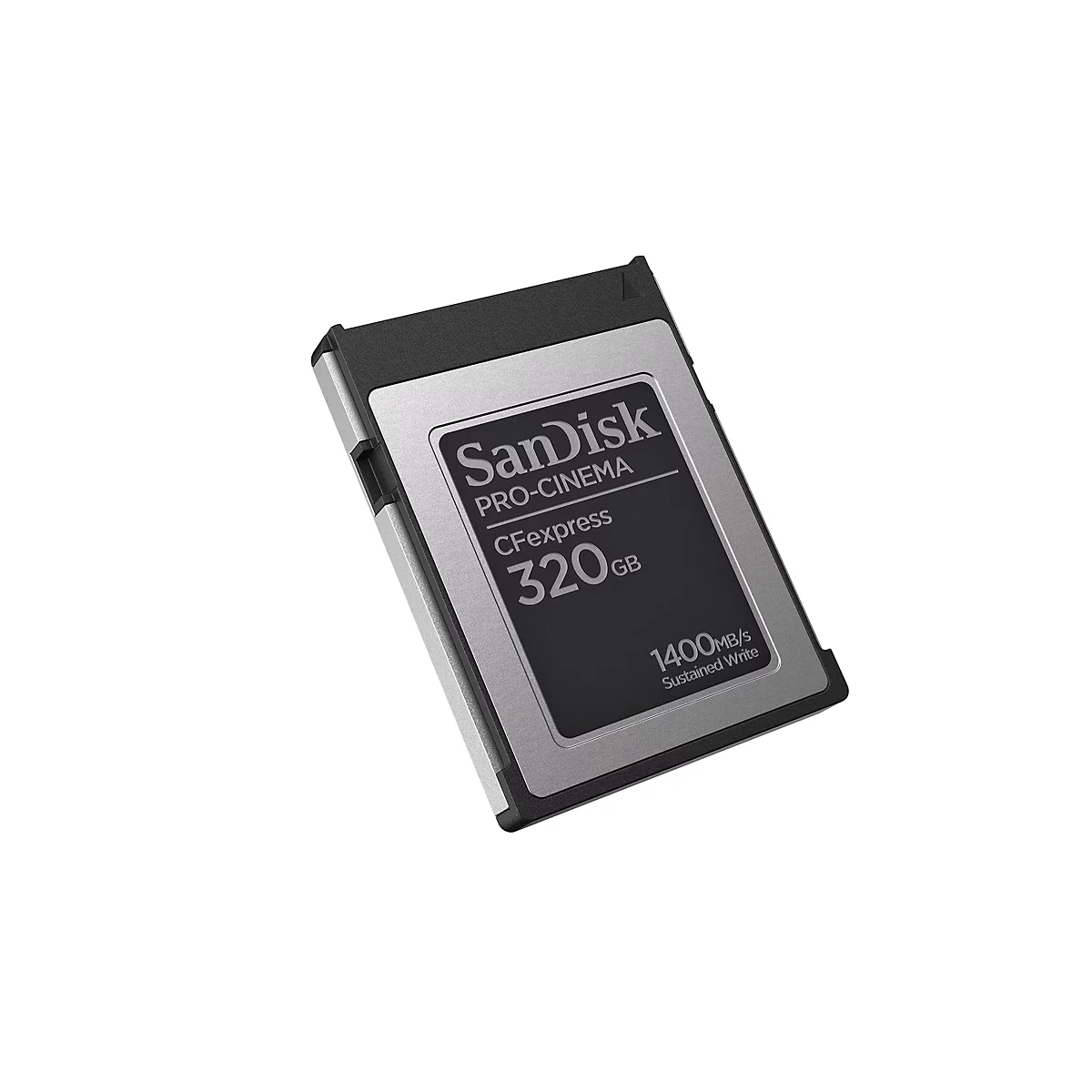 Nahaufnahme einer schwarzen und silbernen CFexpress-Karte mit der Aufschrift SanDisk Pro-Cinema, 320 GB und 1400 MB/s.