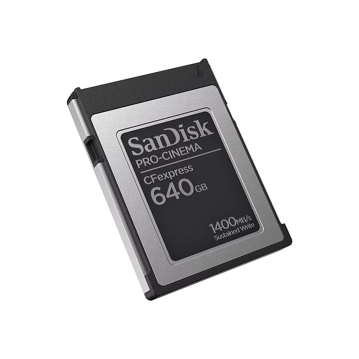 SanDisk Pro-Cinema CFexpress-Karte mit 640 GB, silber-schwarz. Aufschrift: 1400MB/s Sustained Write.