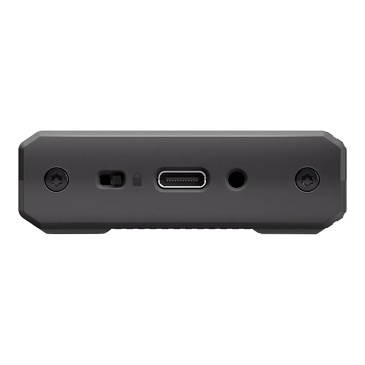 Gros plan d'un appareil noir et rectangulaire avec un port USB-C, un interrupteur d'alimentation et une prise casque.