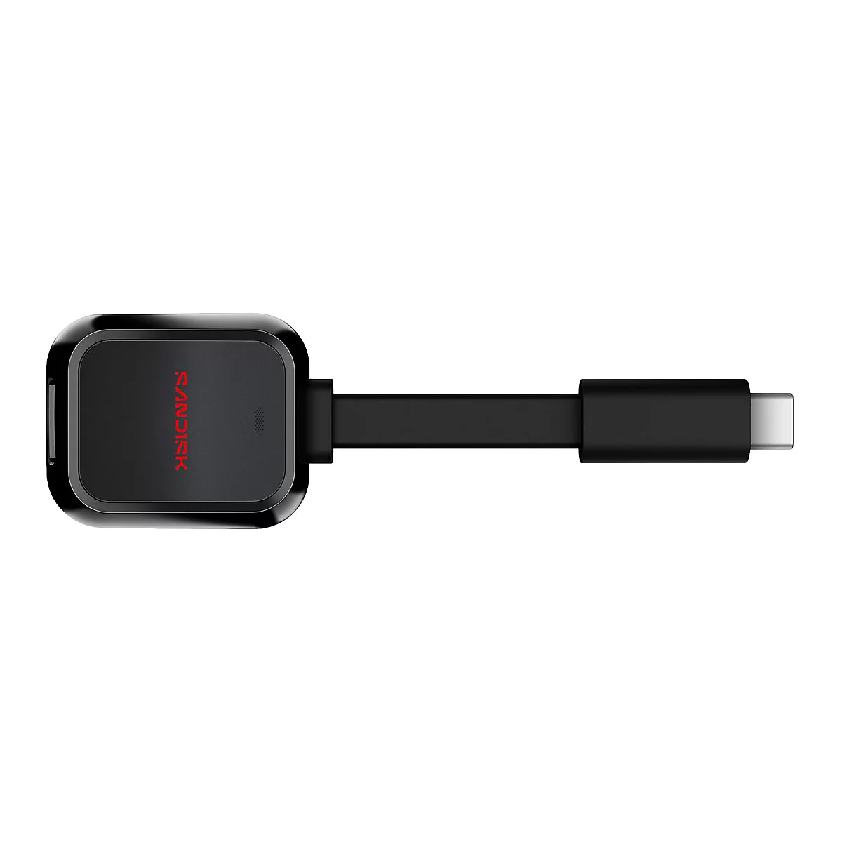 Schwarzer USB-Adapter mit rotem SanDisk-Logo auf dem Oberteil. Am Ende ein USB-C-Anschluss.