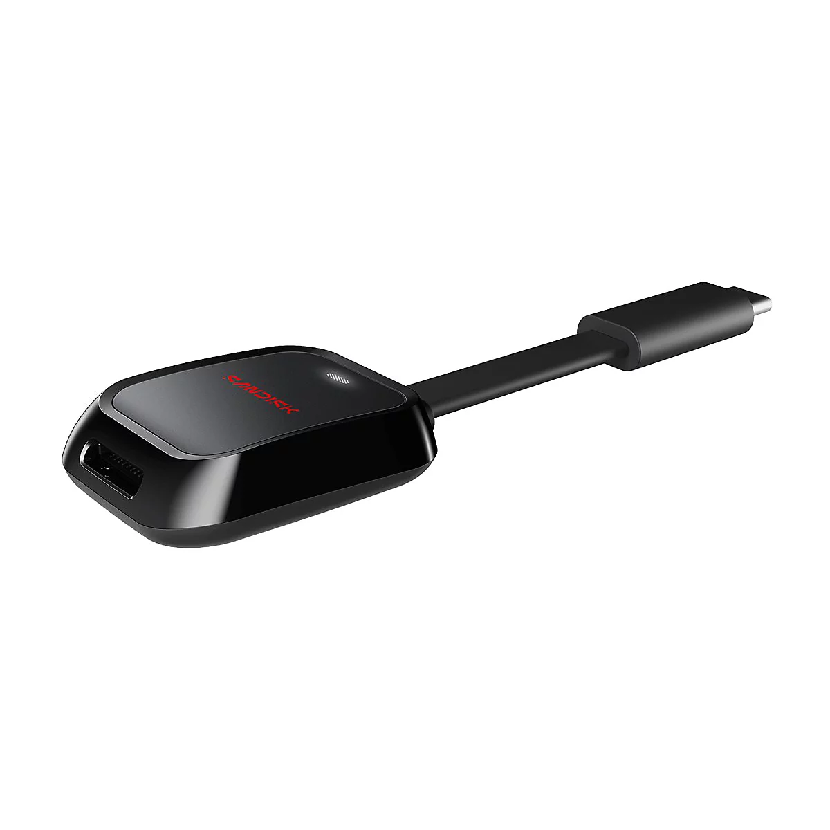 Schwarzer Sandisk-Adapter mit rotem Schriftzug, USB-C-Anschluss und Kabel.